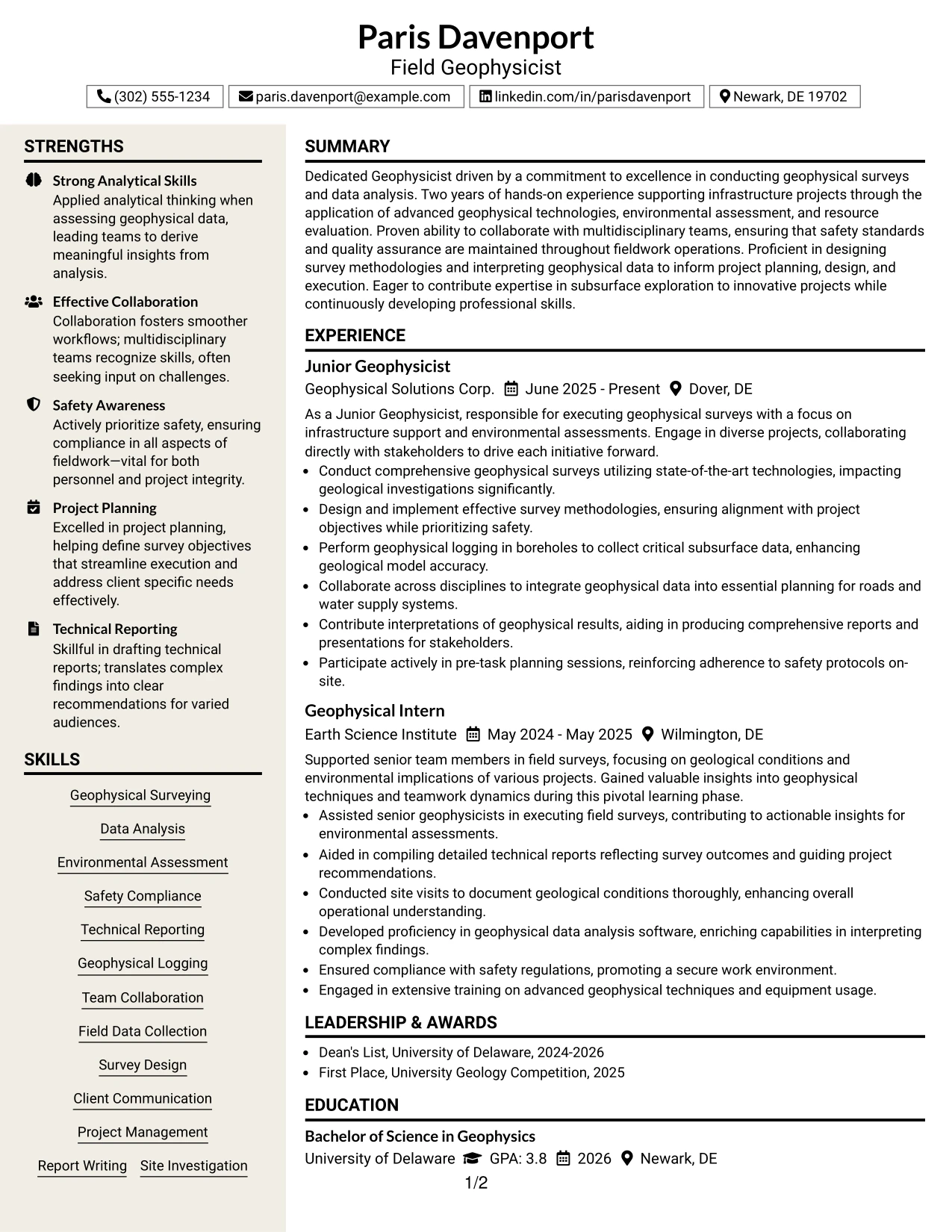 Resume Example Page 1