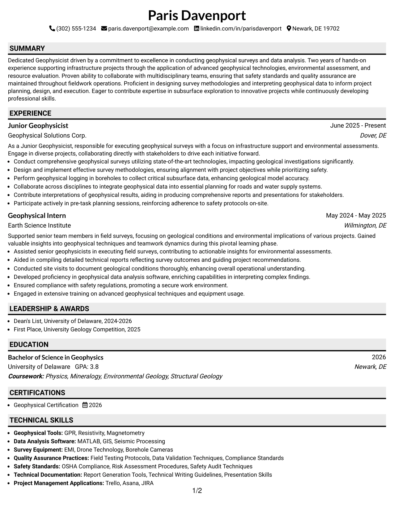 Resume Example Page 1