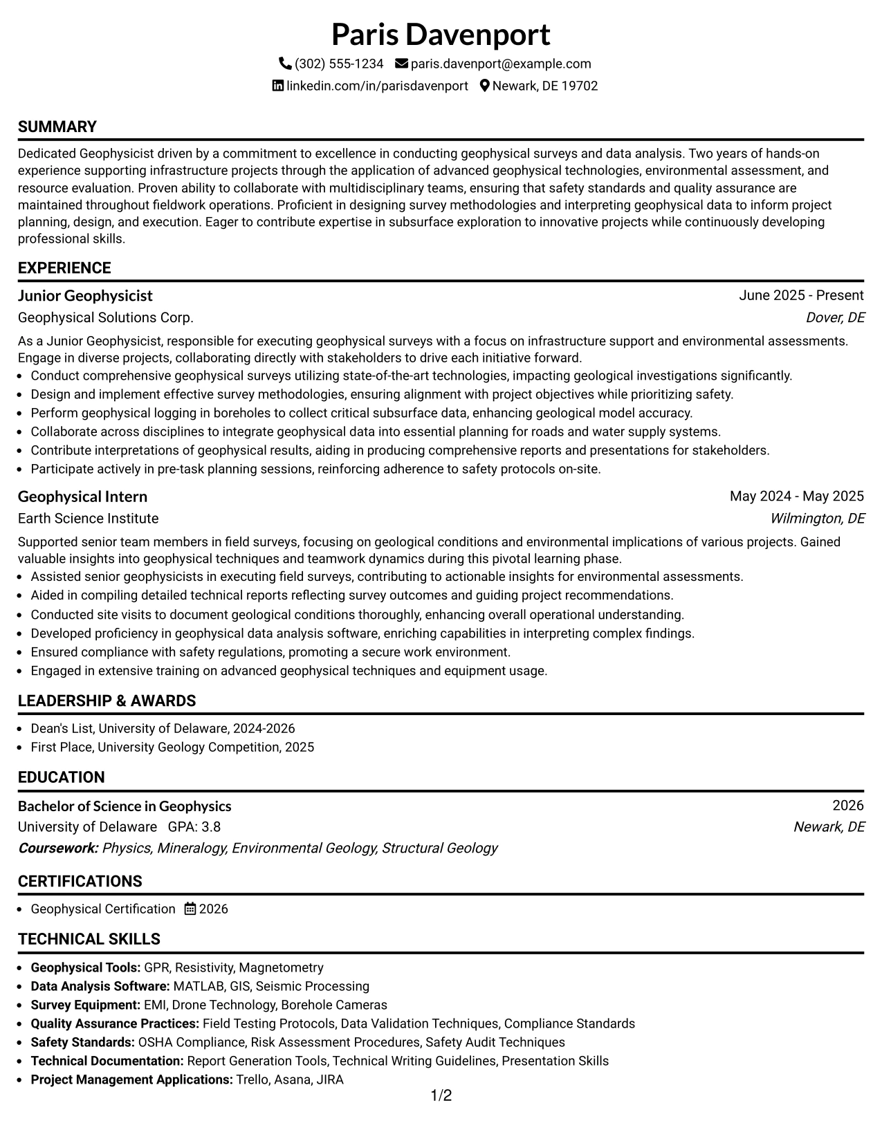 Resume Example Page 1