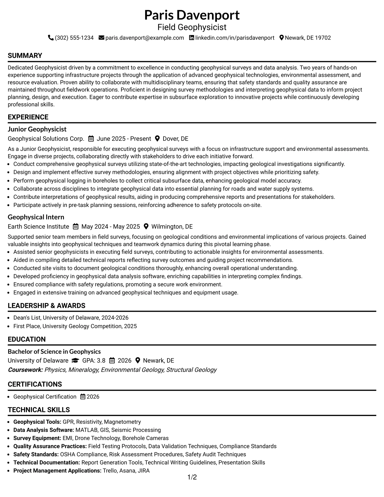 Resume Example Page 1