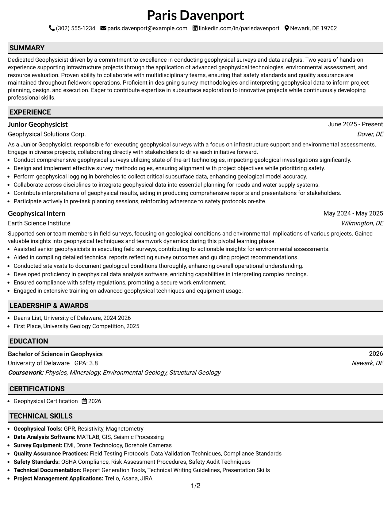 Resume Example Page 1