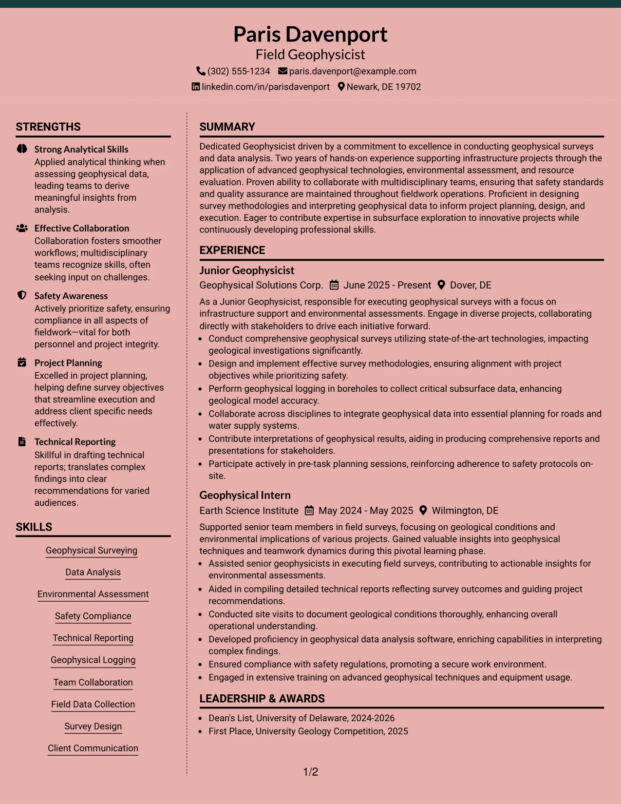 Resume Example Page 1