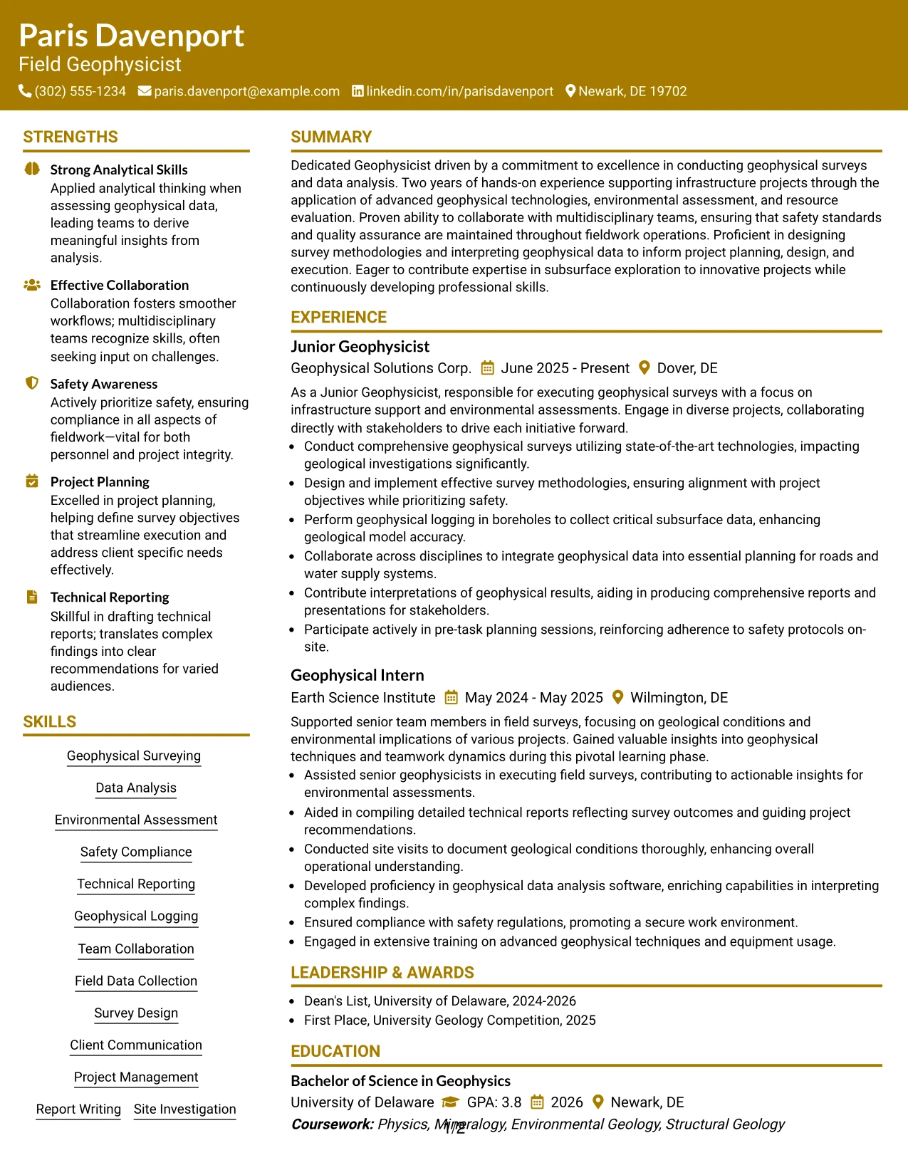 Resume Example Page 1
