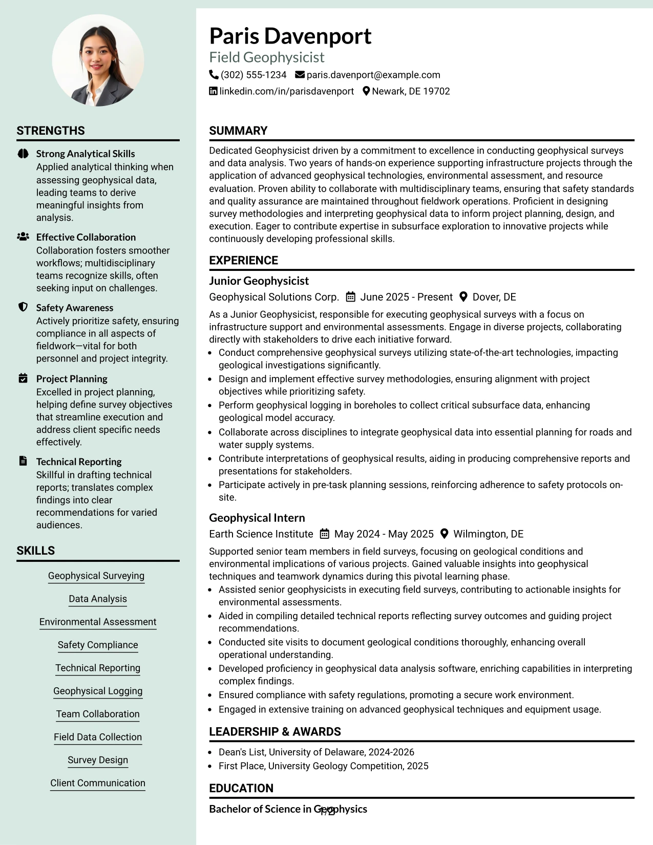 Resume Example Page 1