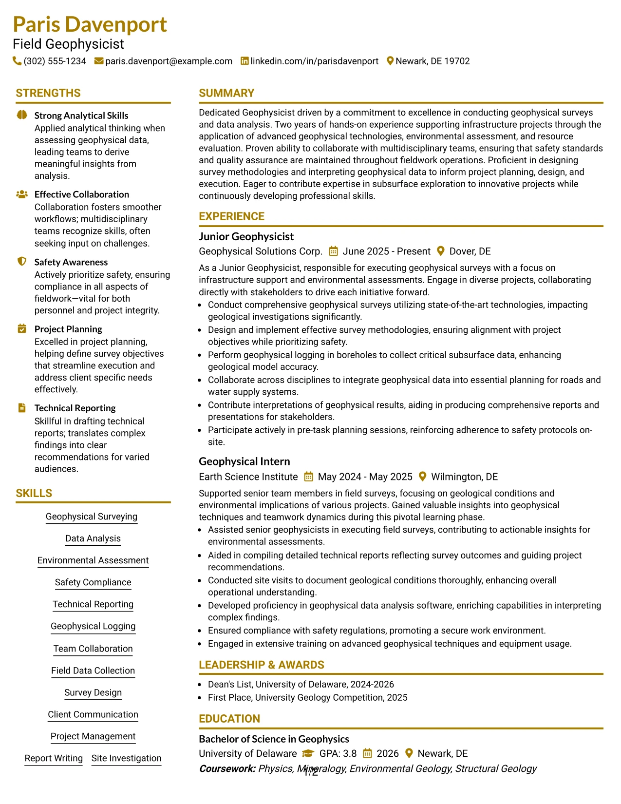 Resume Example Page 1