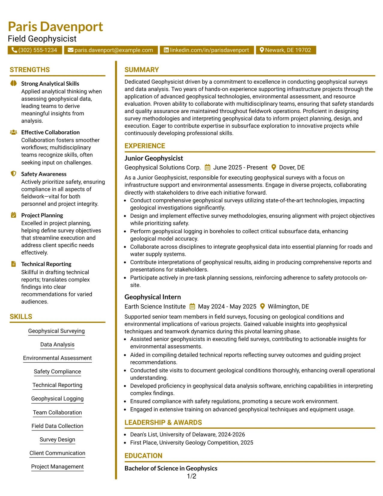 Resume Example Page 1