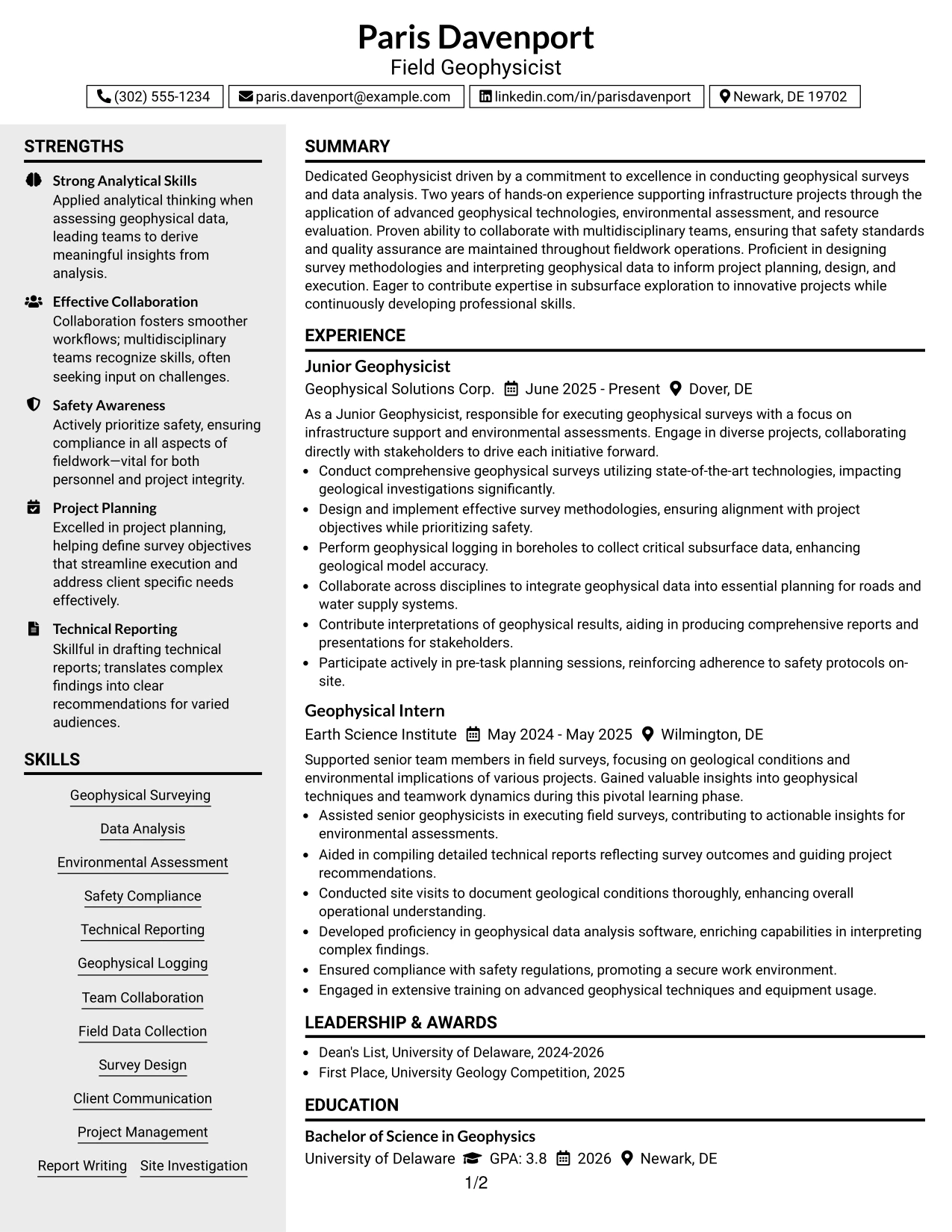 Resume Example Page 1