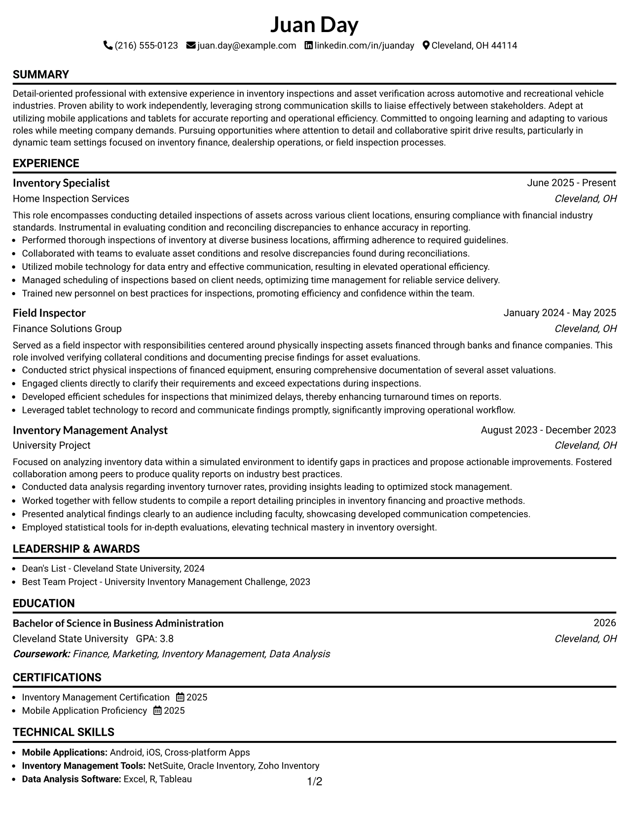 Resume Example Page 1