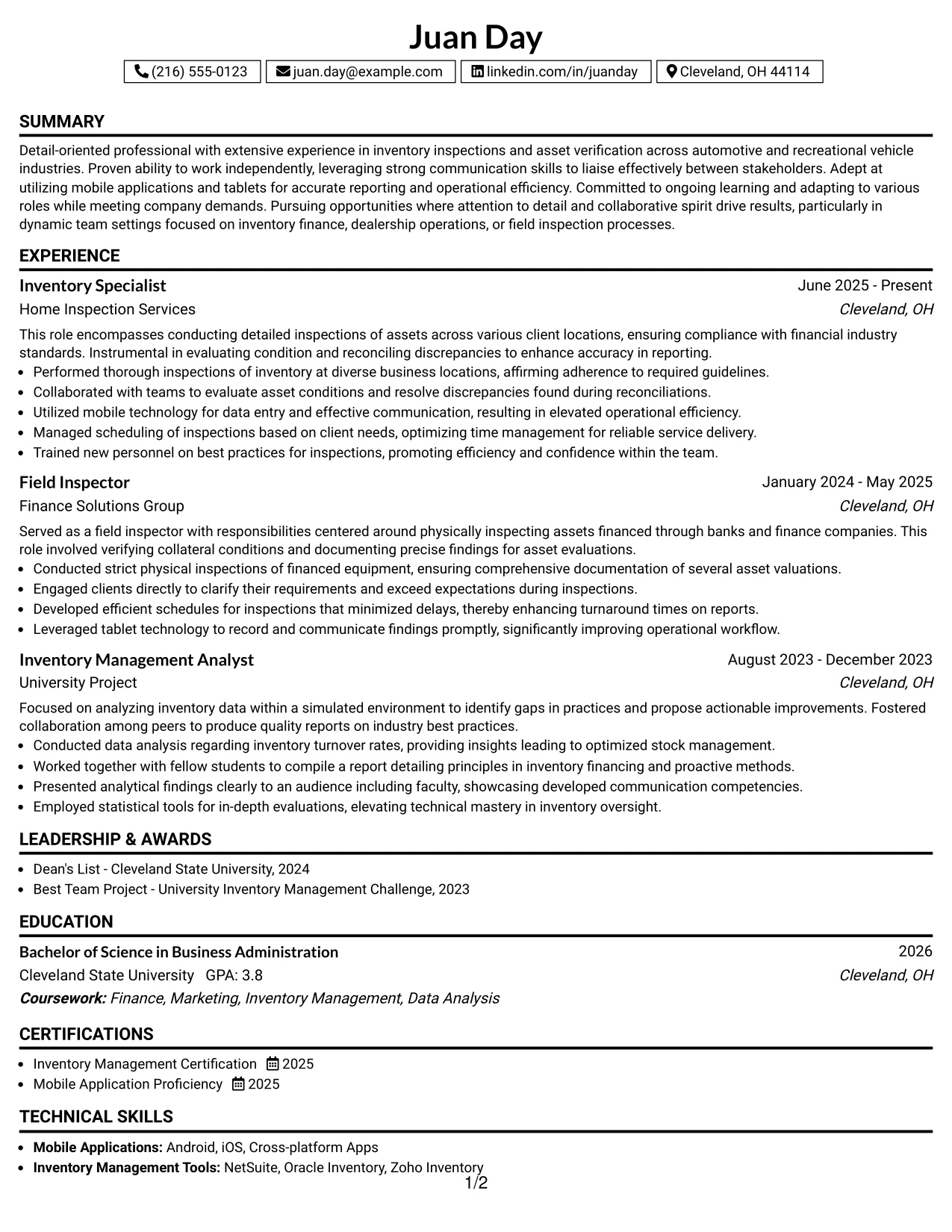 Resume Example Page 1