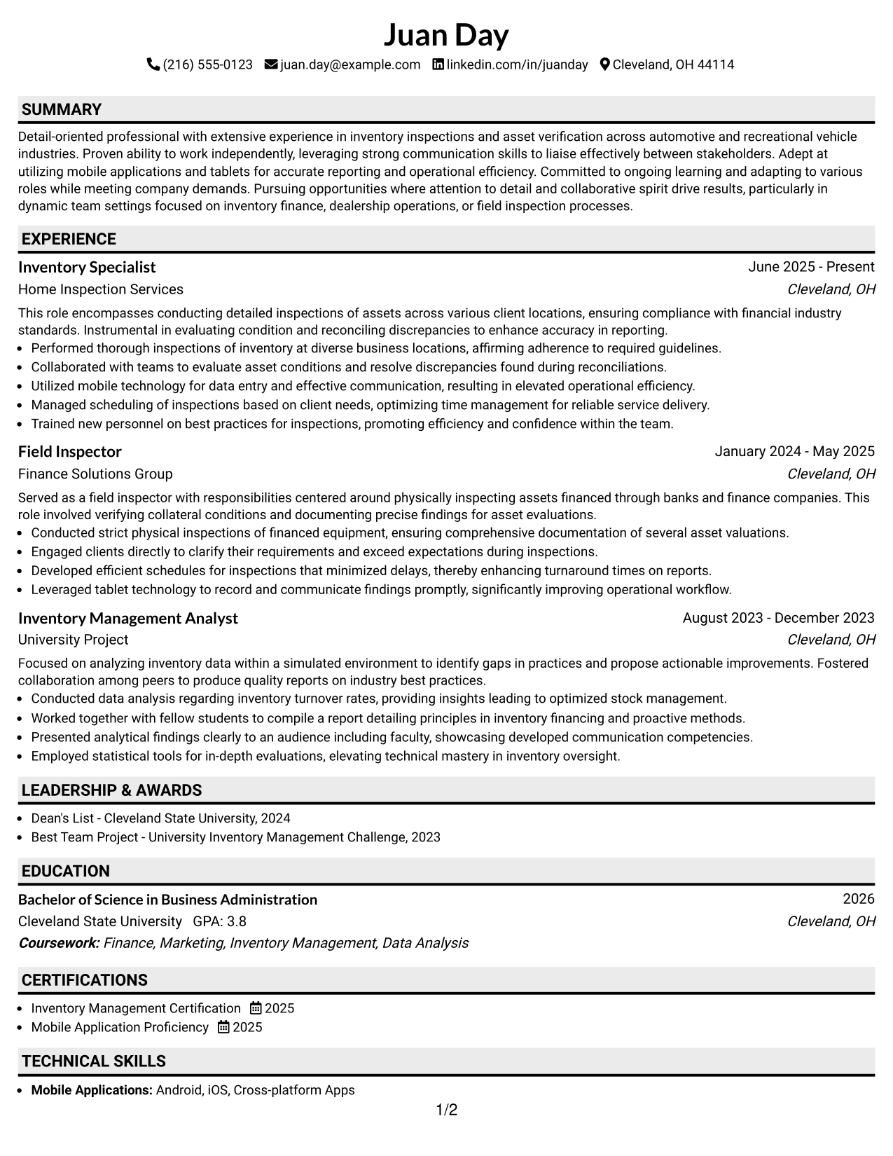 Resume Example Page 1