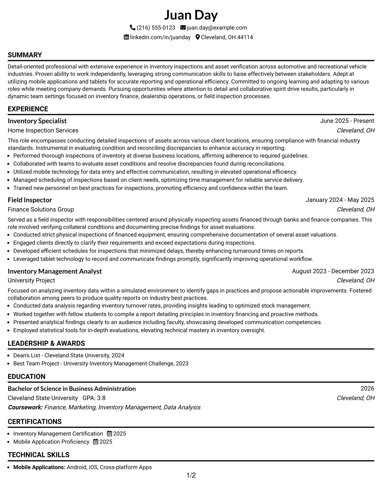 Resume Example Page 1