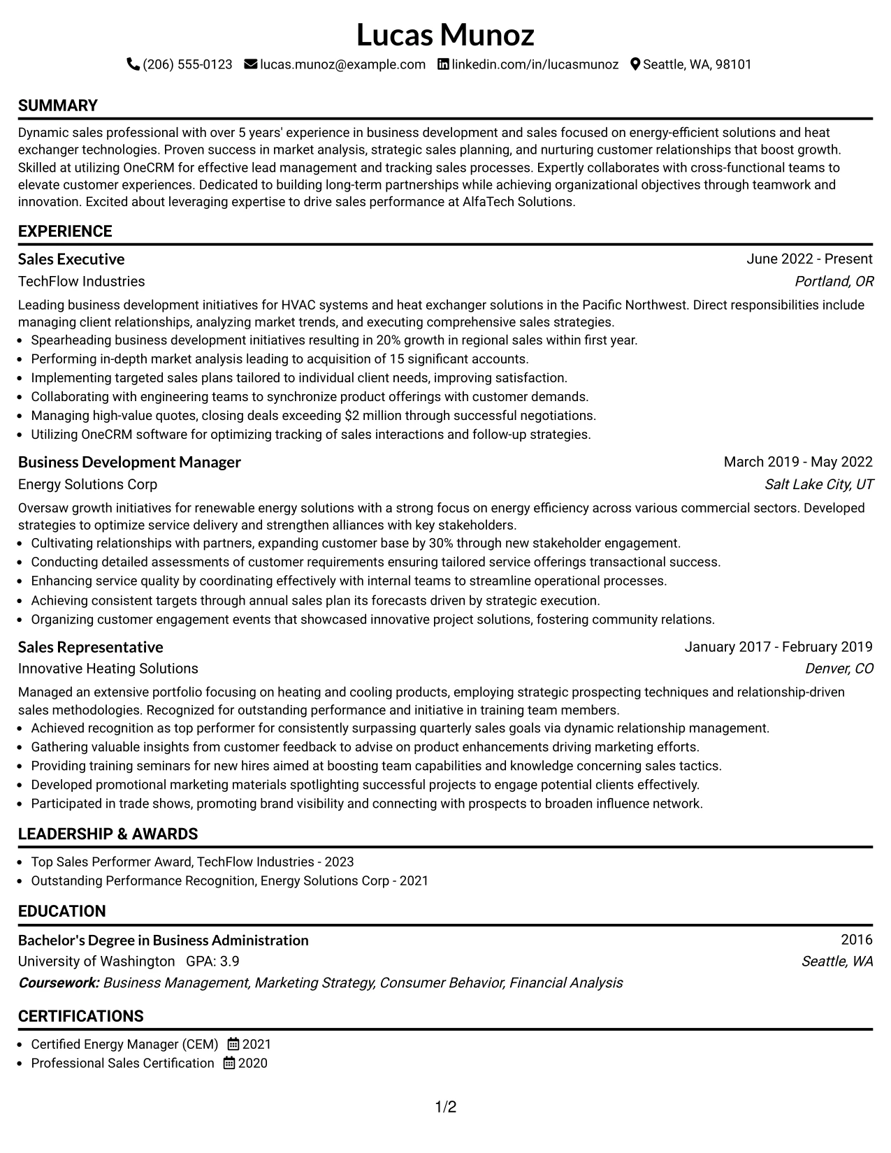 Resume Example Page 1