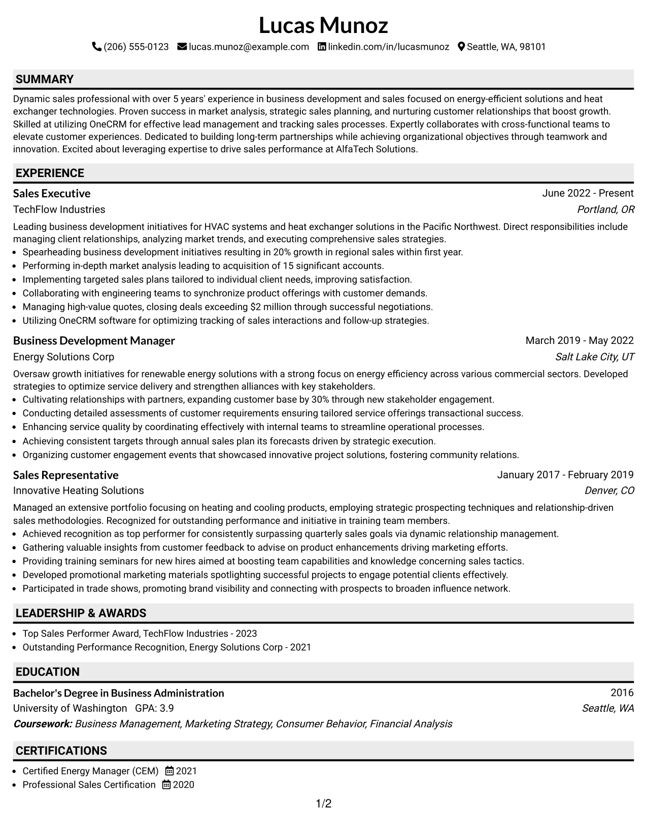 Resume Example Page 1