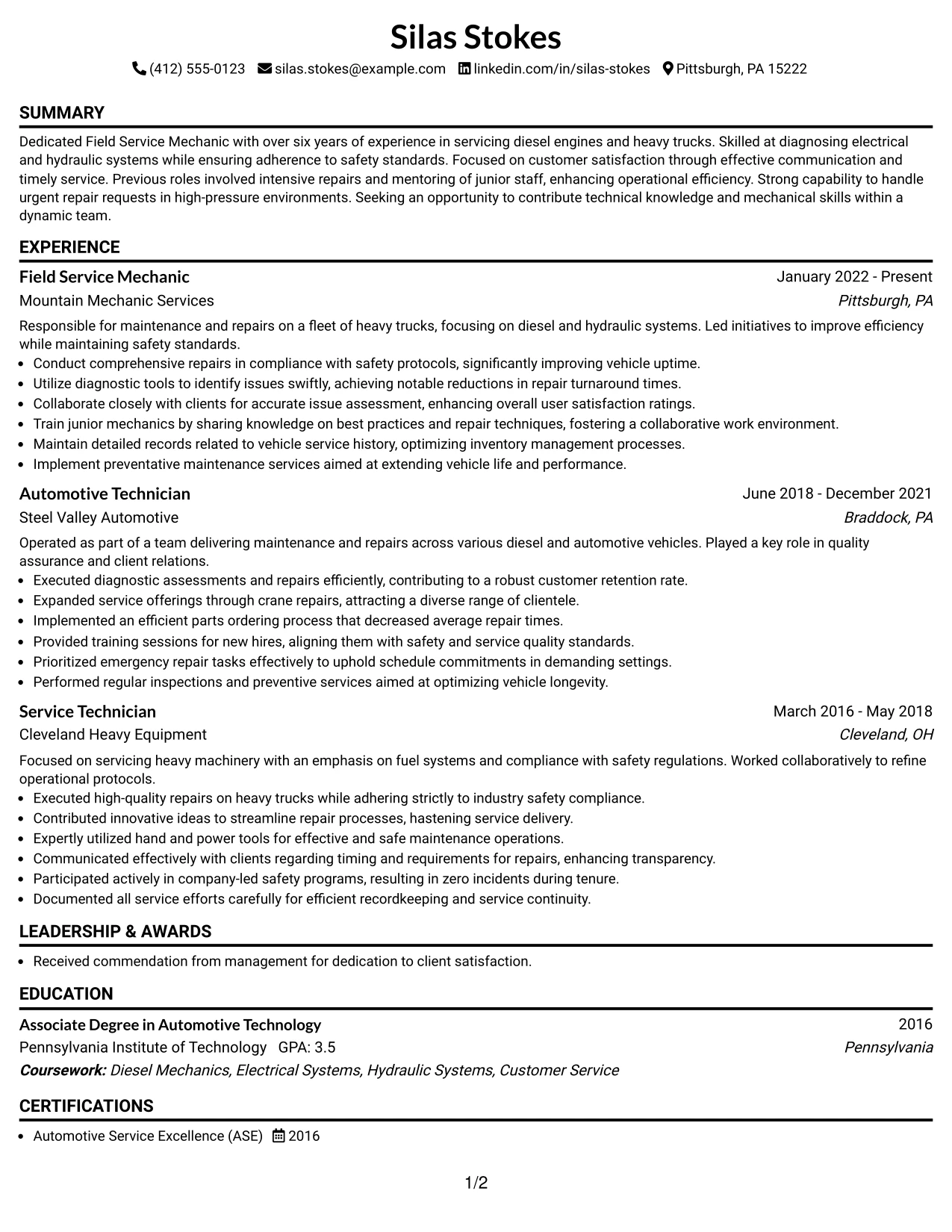 Resume Example Page 1