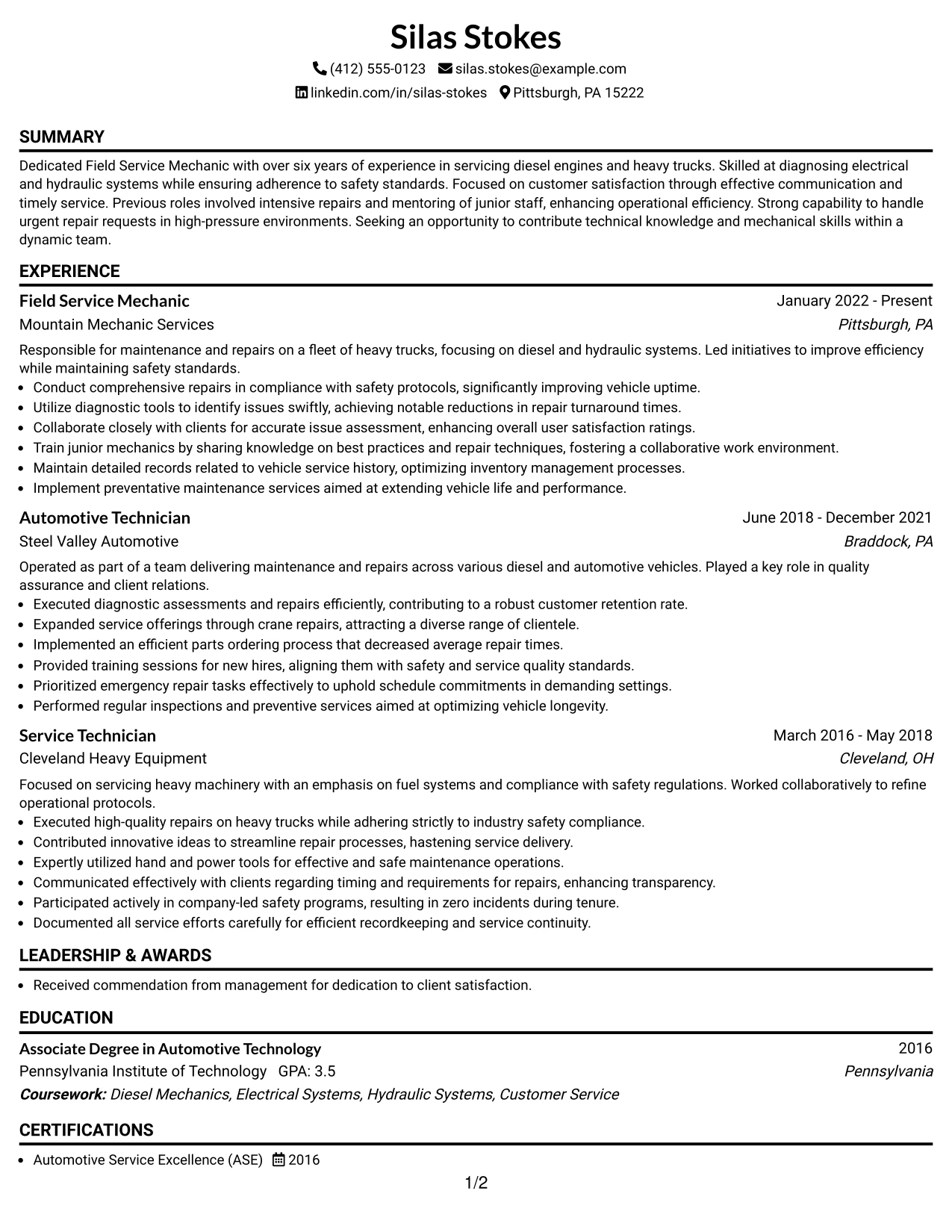 Resume Example Page 1