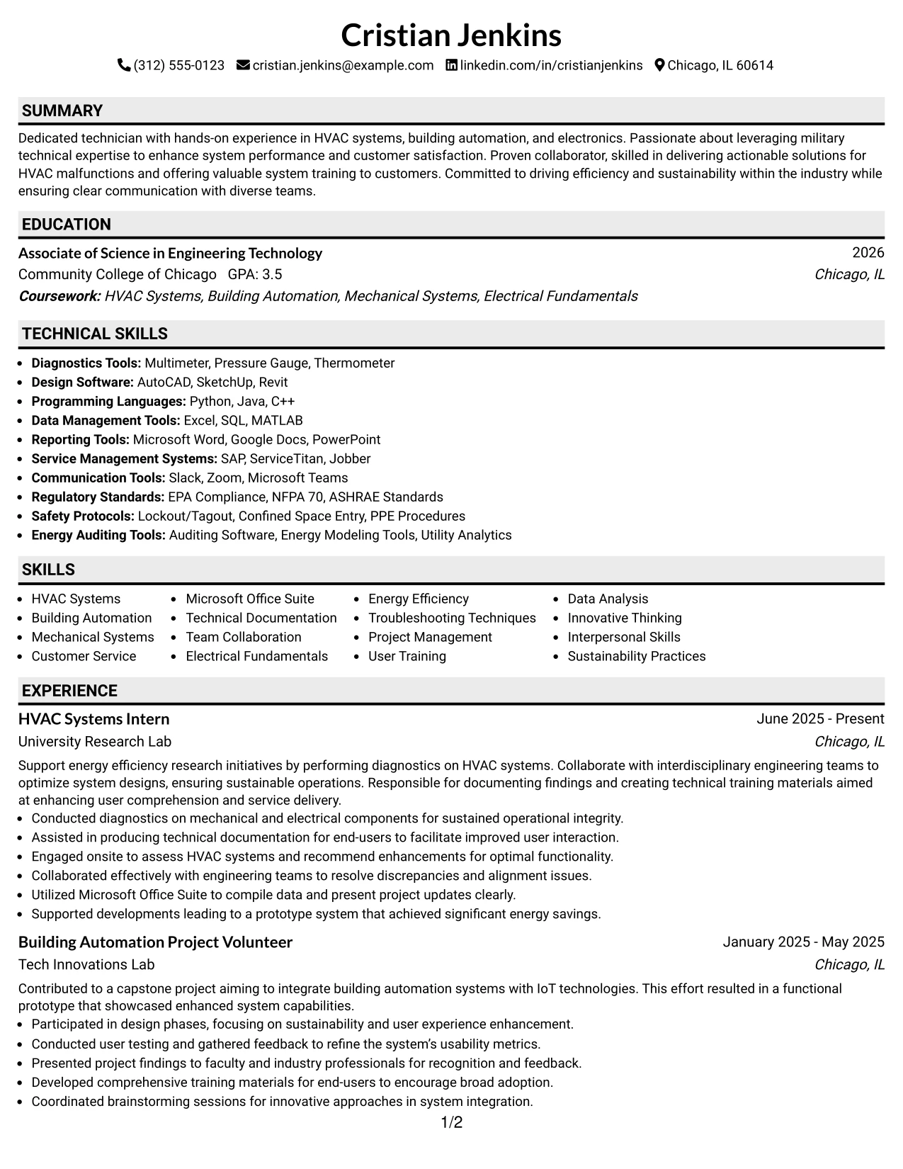 Resume Example Page 1