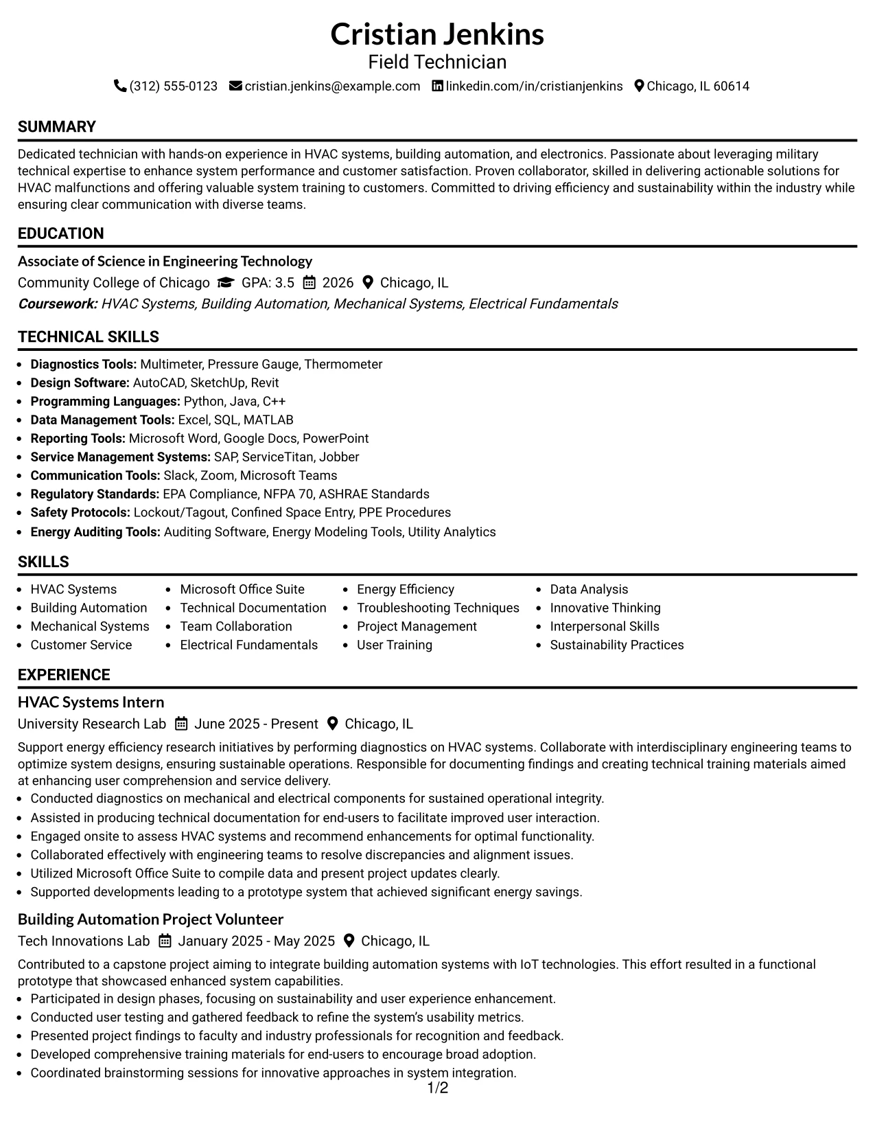 Resume Example Page 1