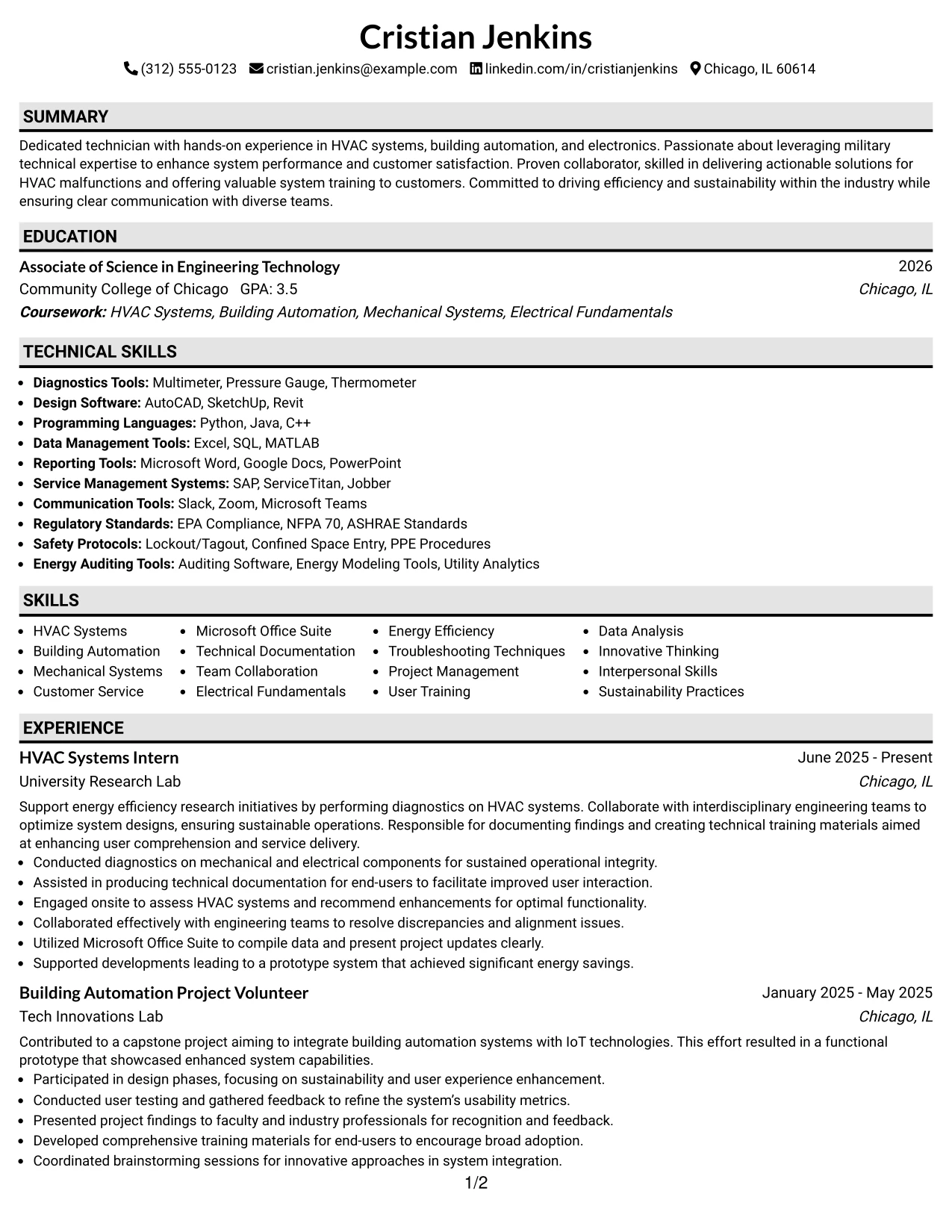 Resume Example Page 1
