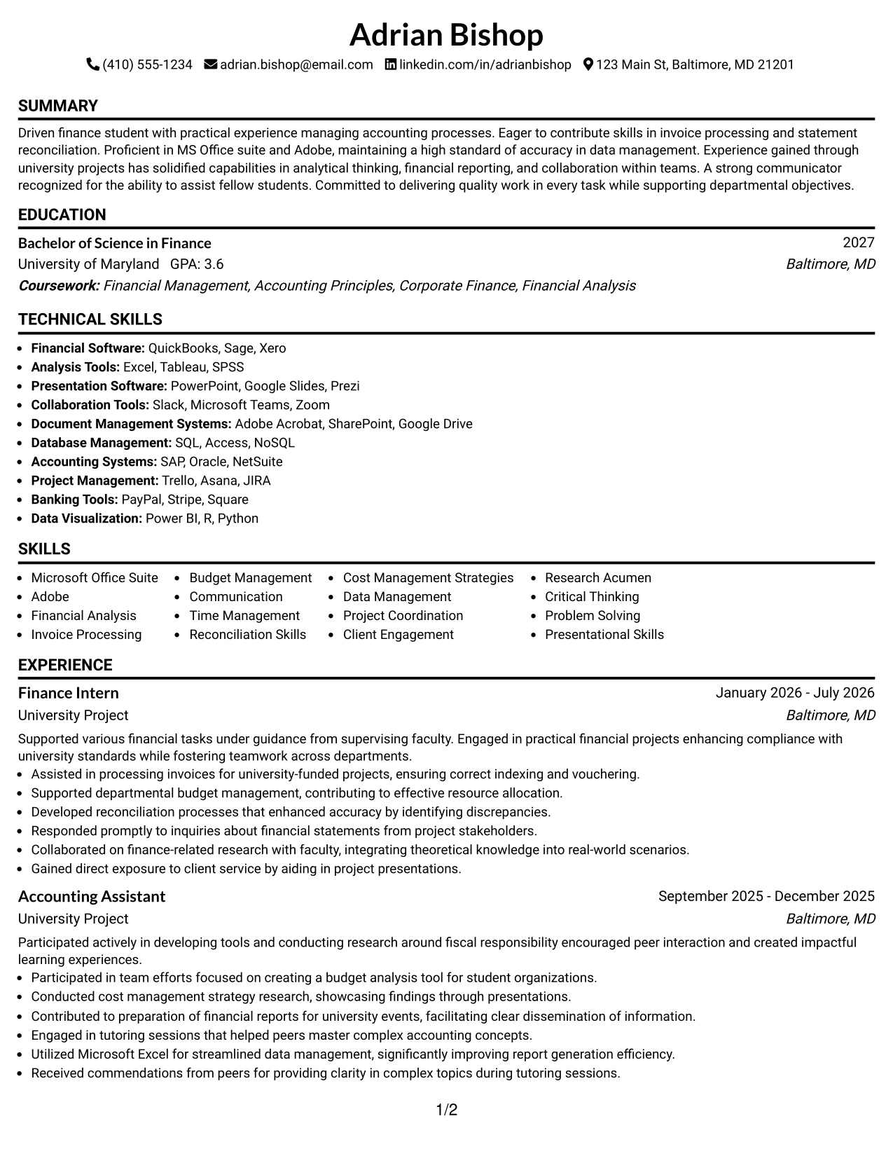 Resume Example Page 1