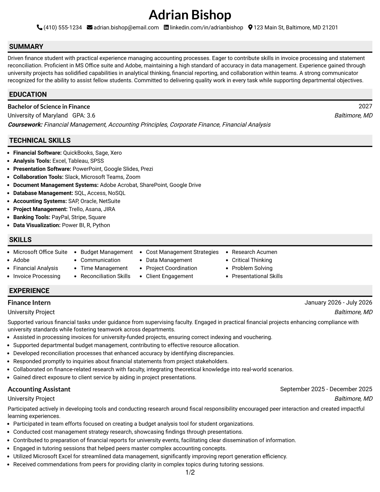 Resume Example Page 1