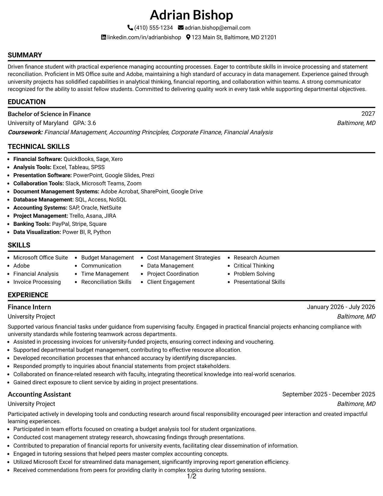 Resume Example Page 1