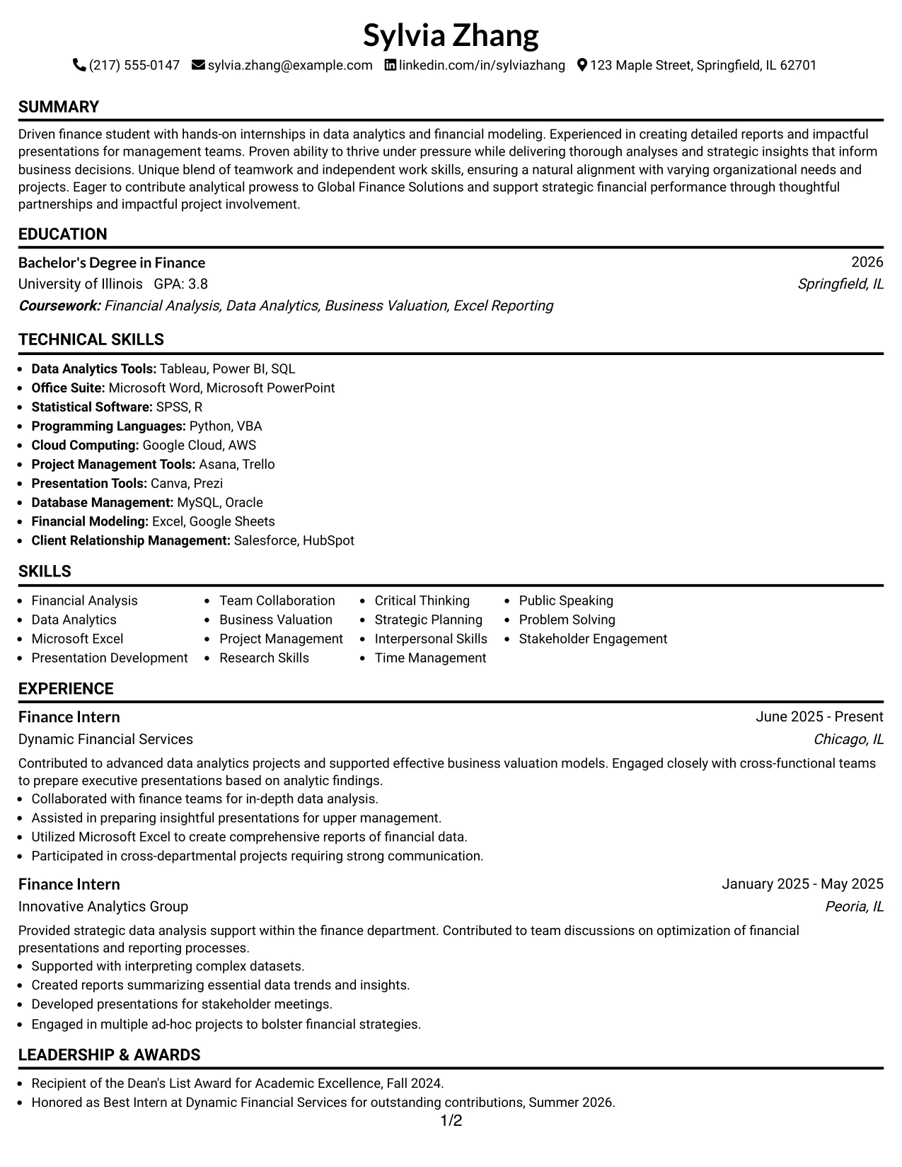 Resume Example Page 1