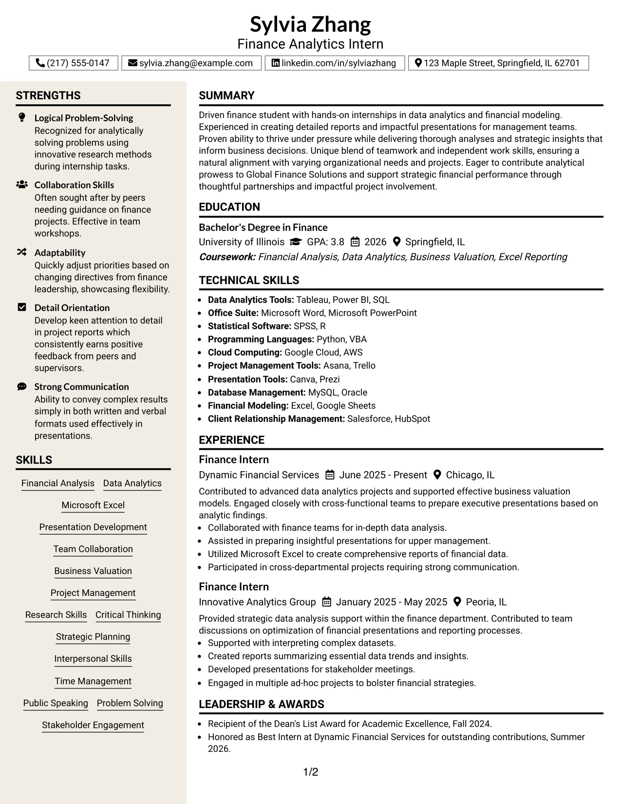 Resume Example Page 1