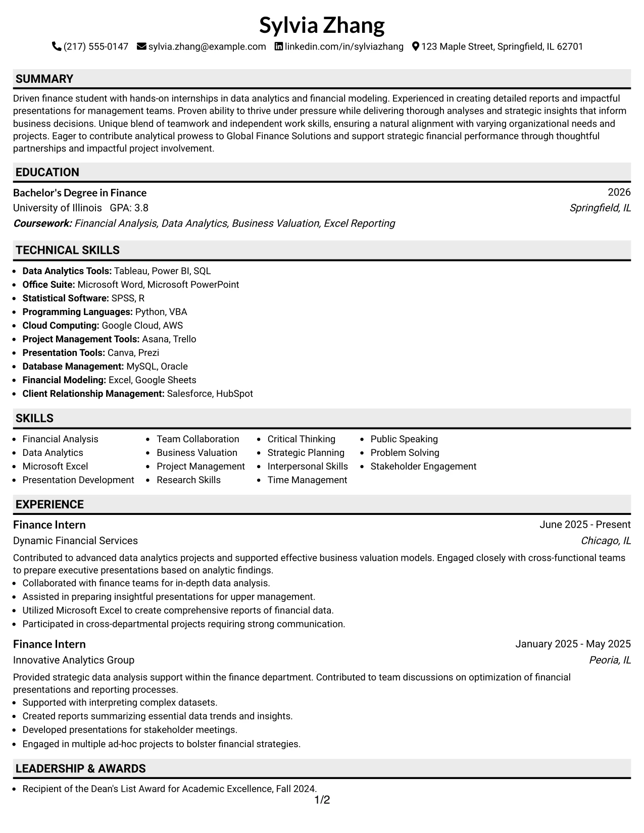 Resume Example Page 1
