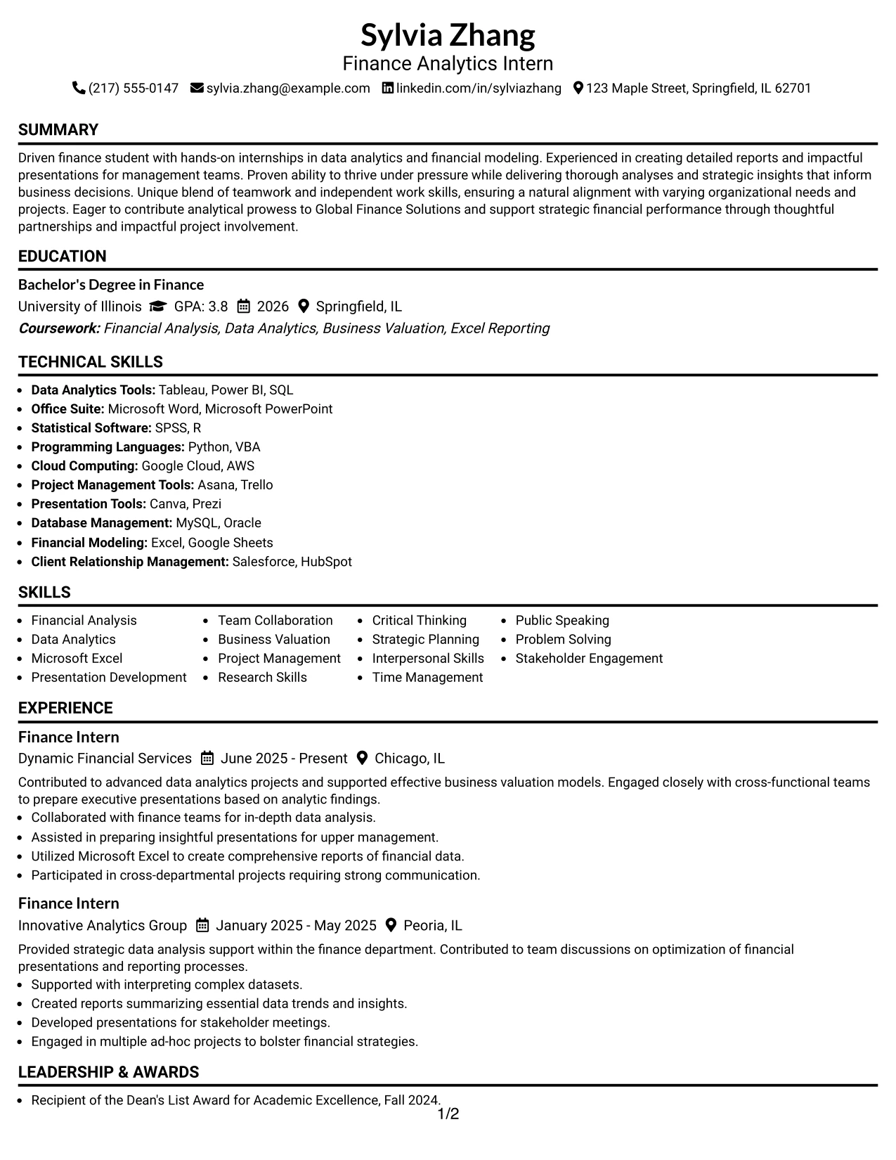 Resume Example Page 1
