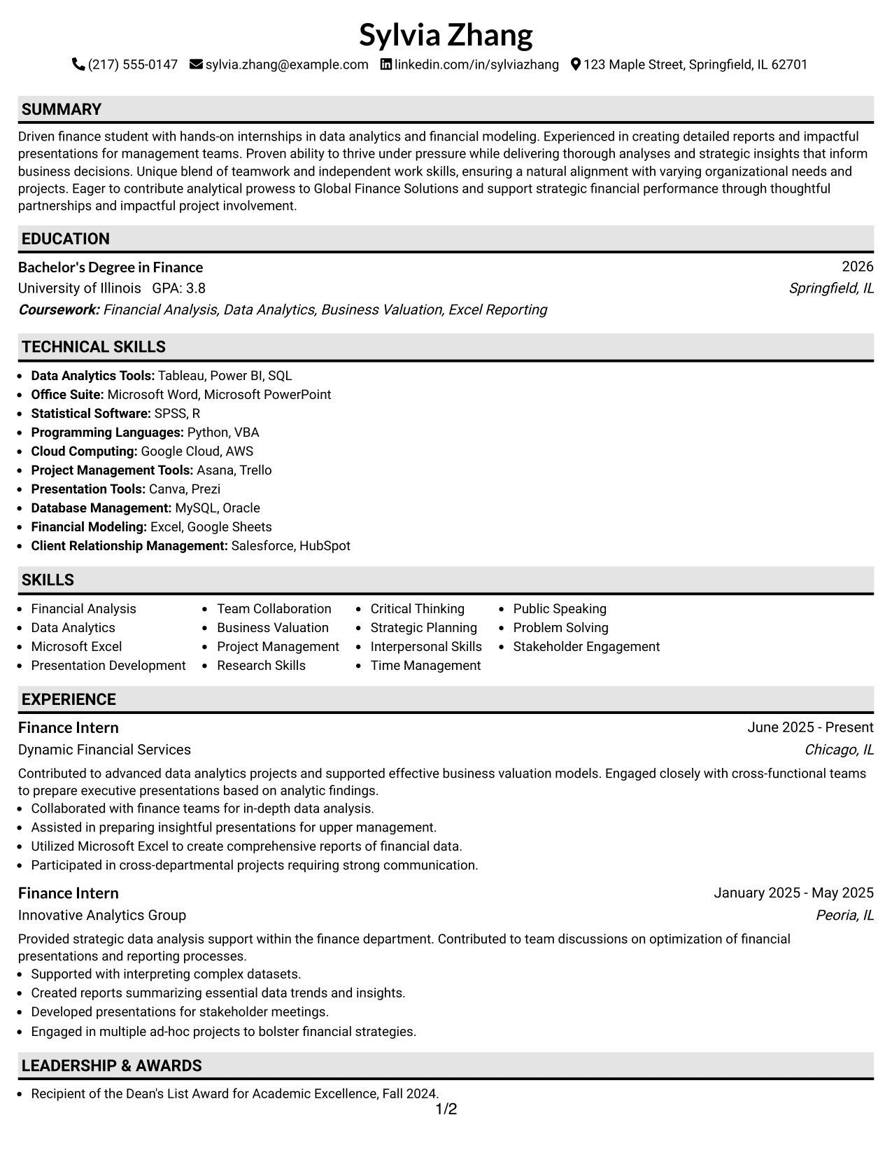 Resume Example Page 1