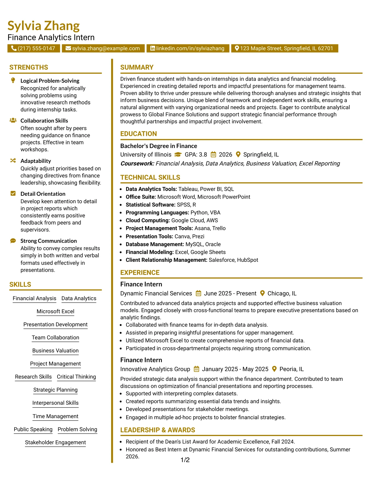 Resume Example Page 1