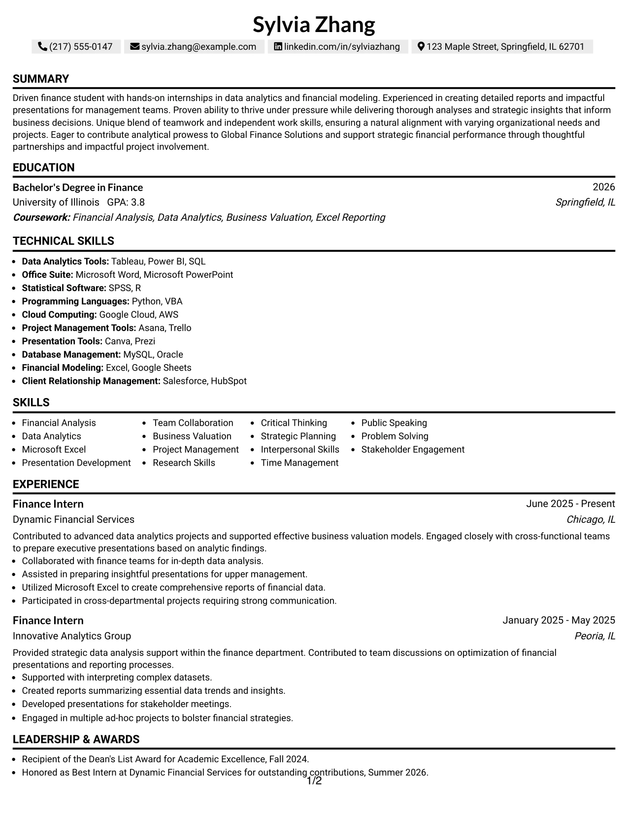 Resume Example Page 1