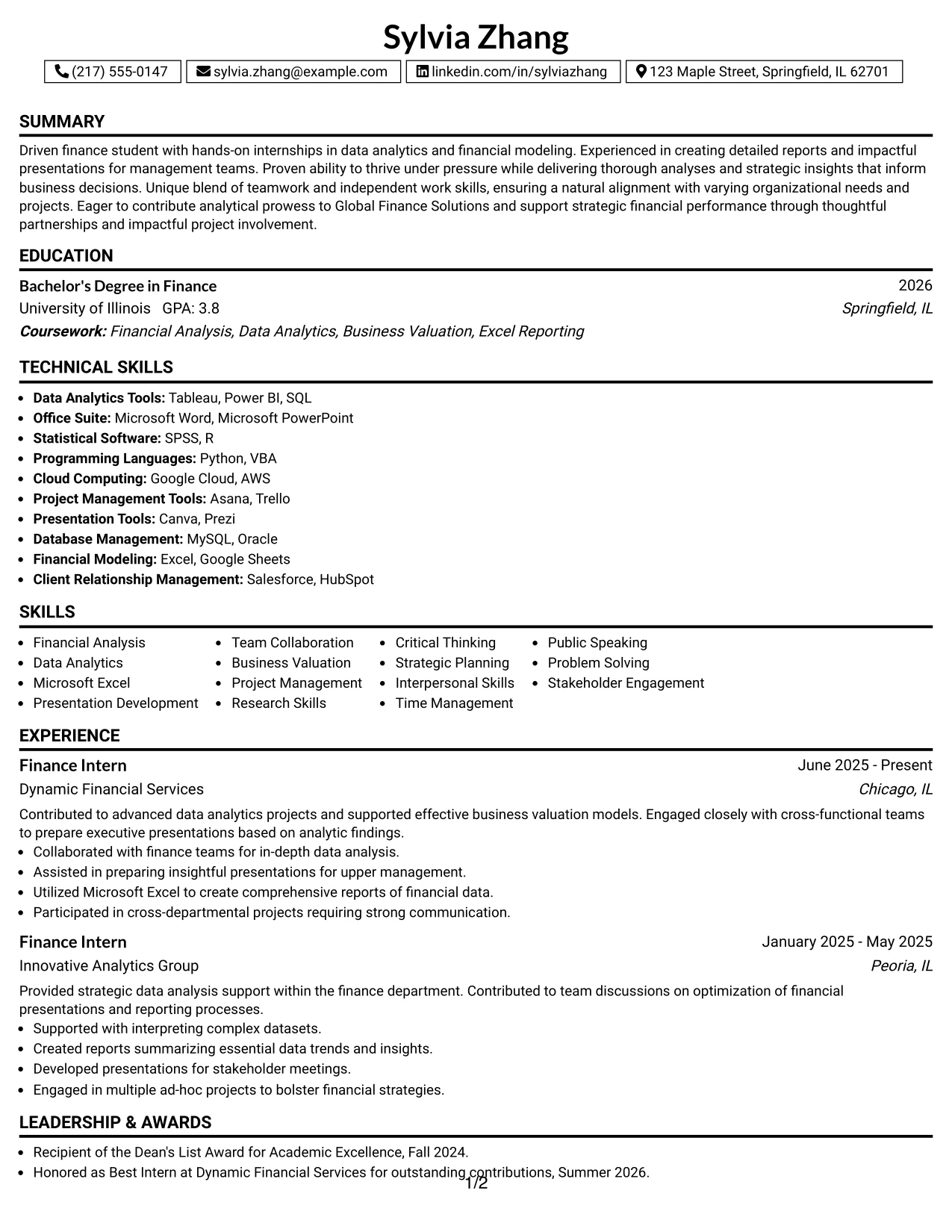 Resume Example Page 1