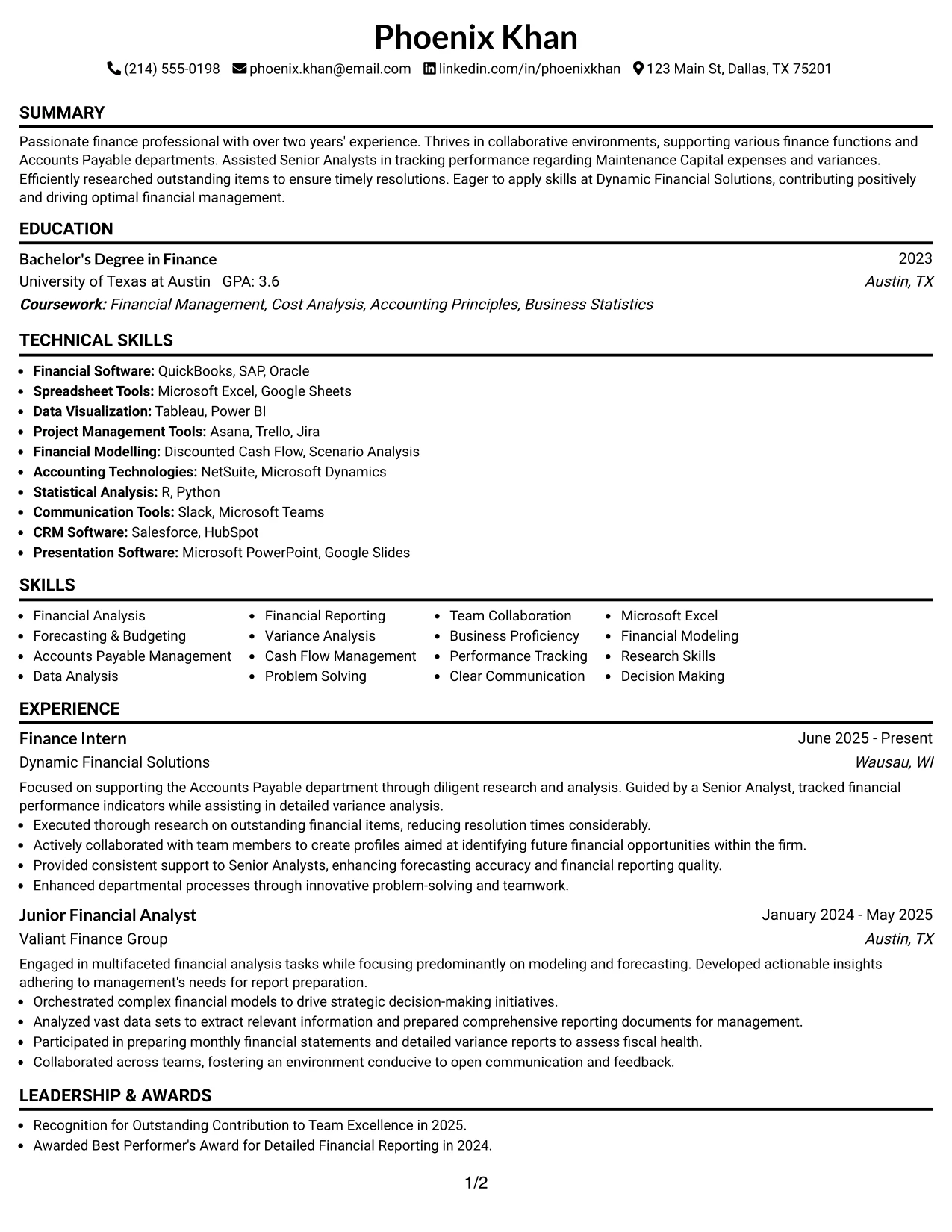 Resume Example Page 1