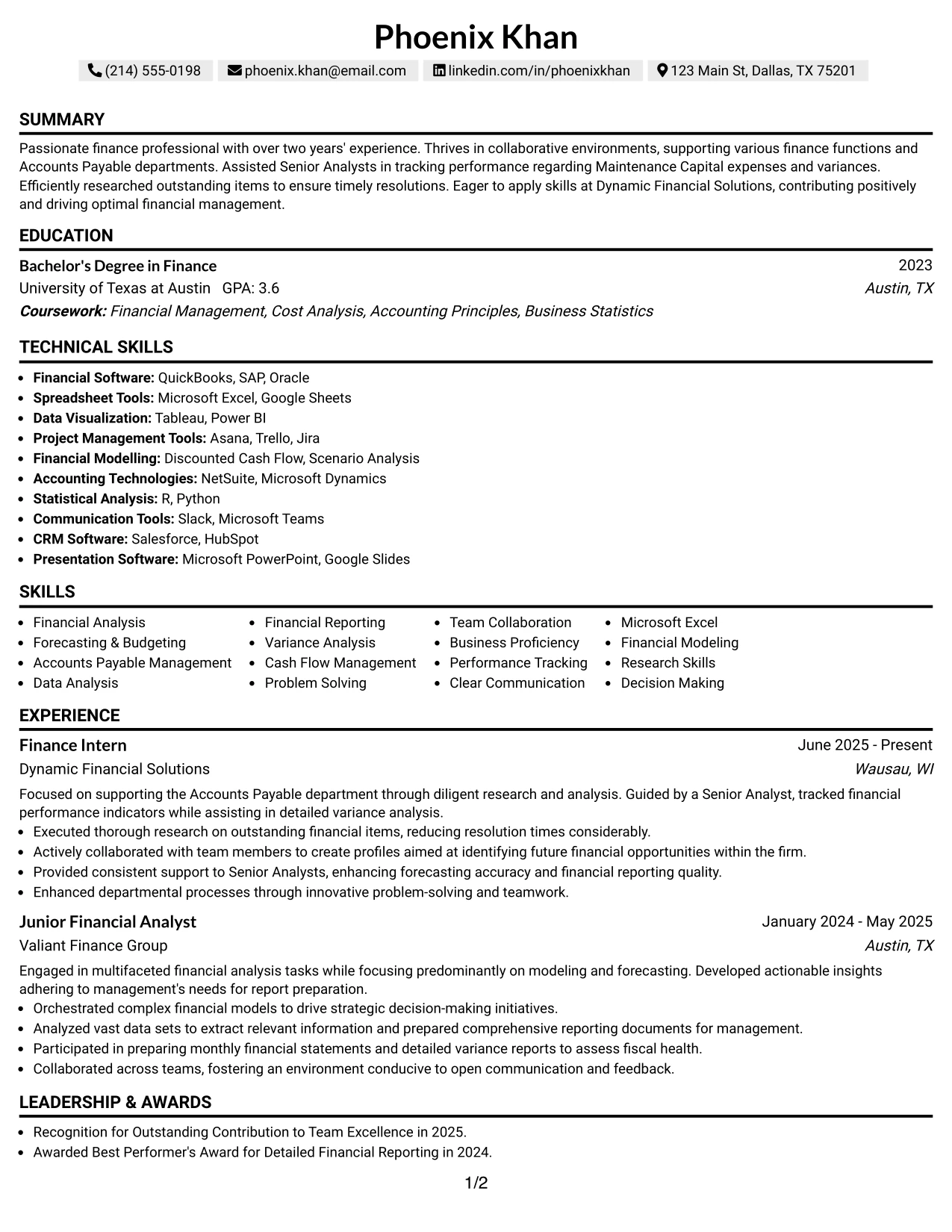 Resume Example Page 1