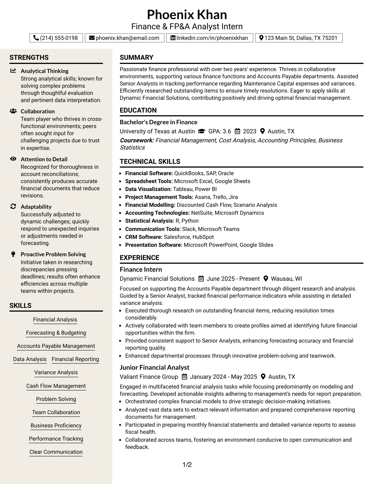Resume Example Page 1