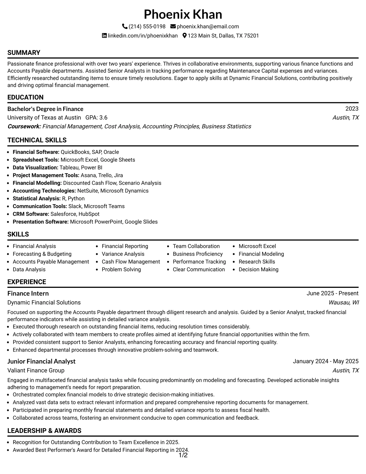 Resume Example Page 1