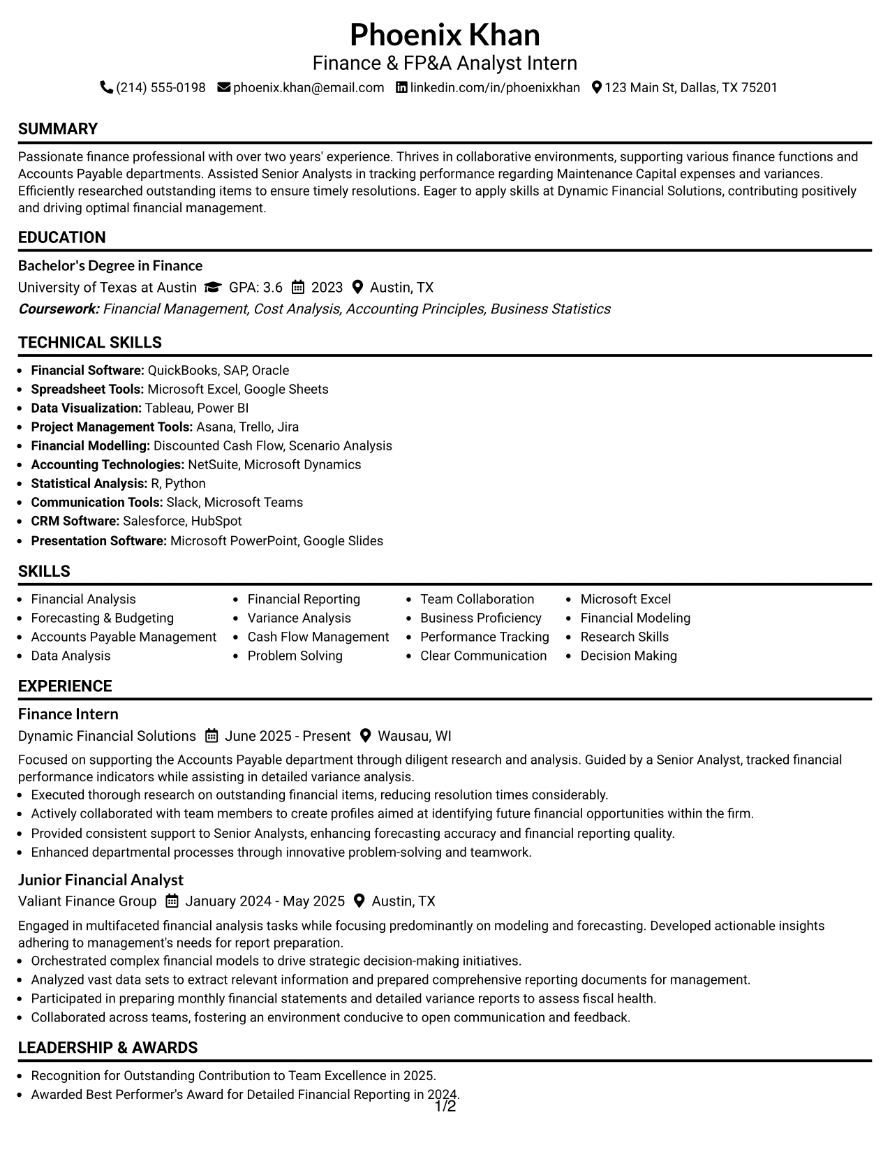 Resume Example Page 1
