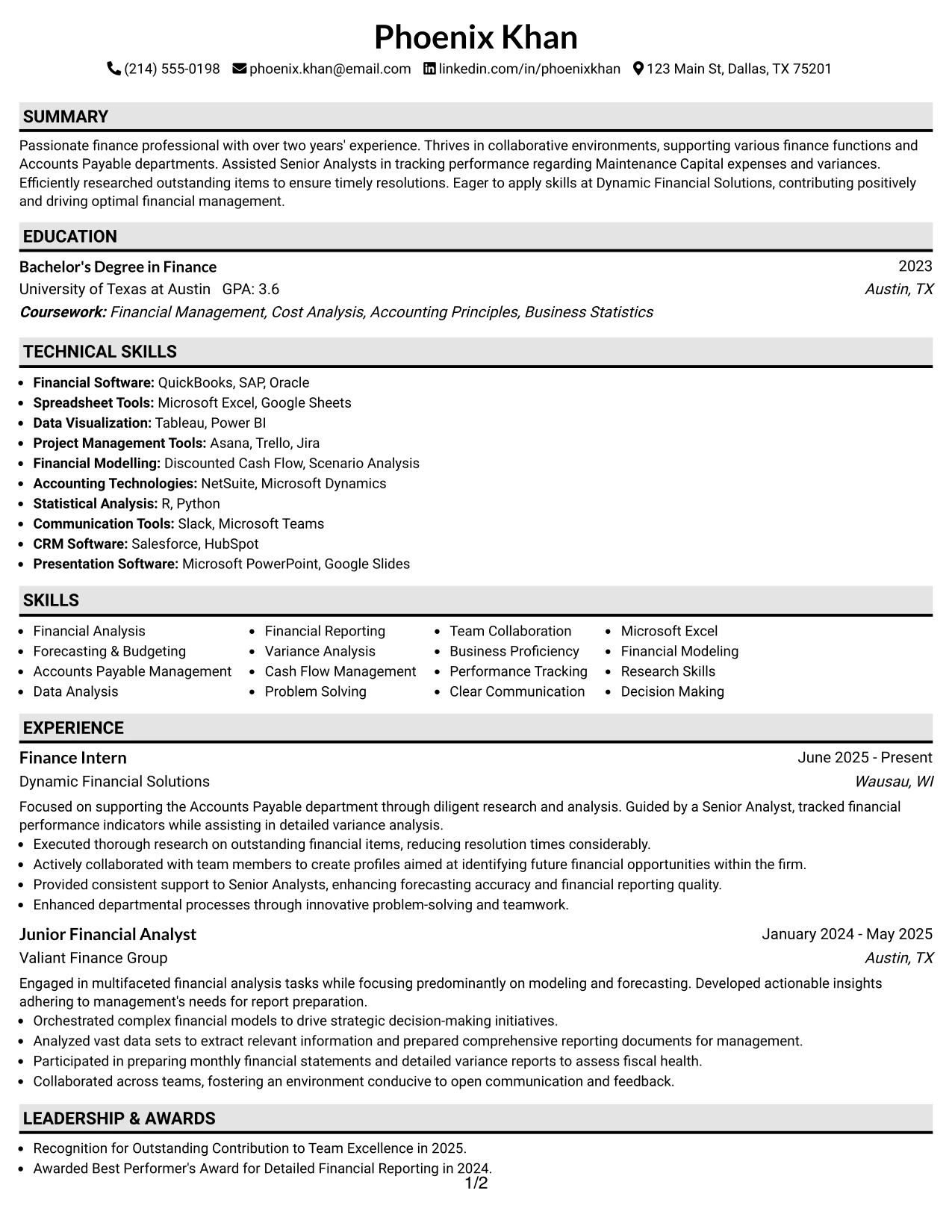 Resume Example Page 1