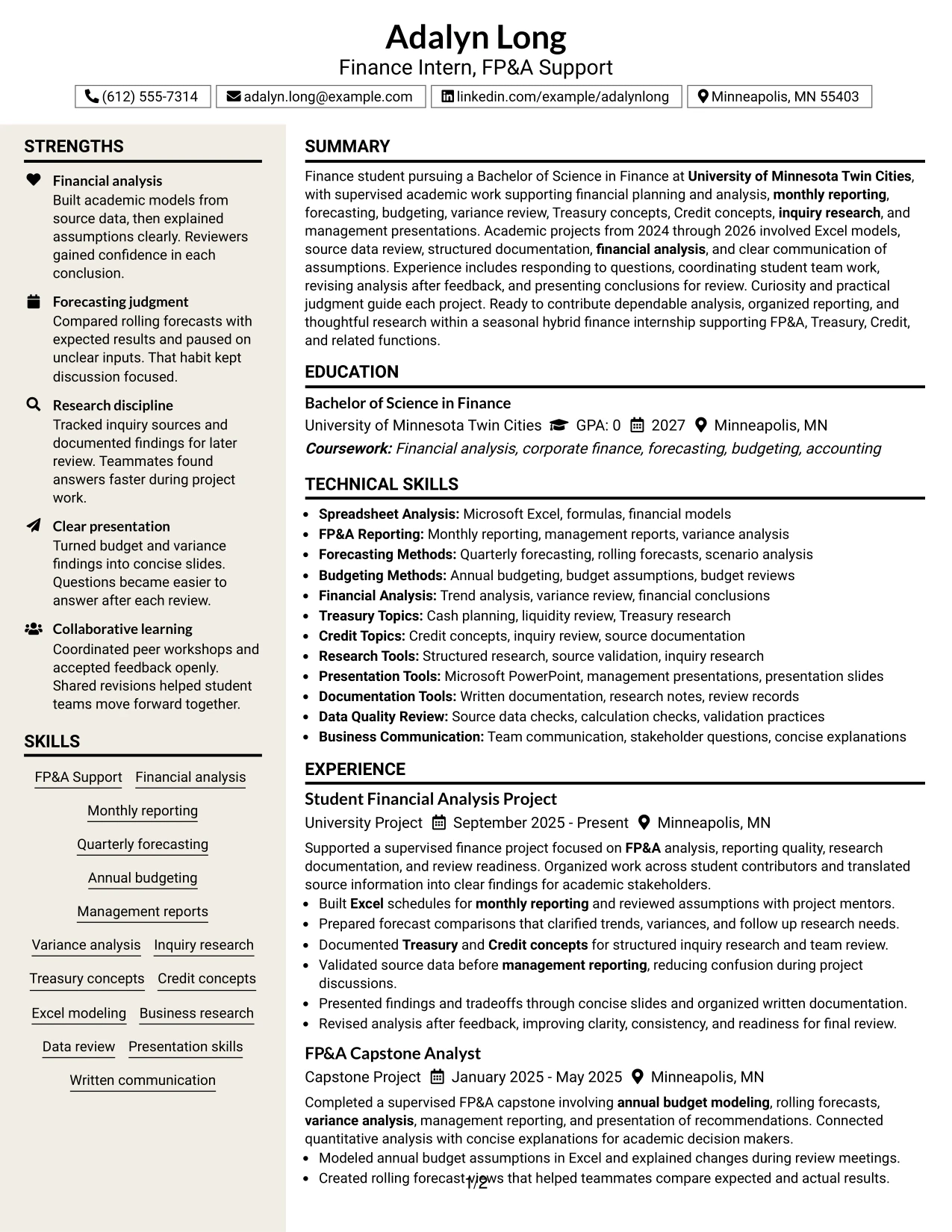 Resume Example Page 1