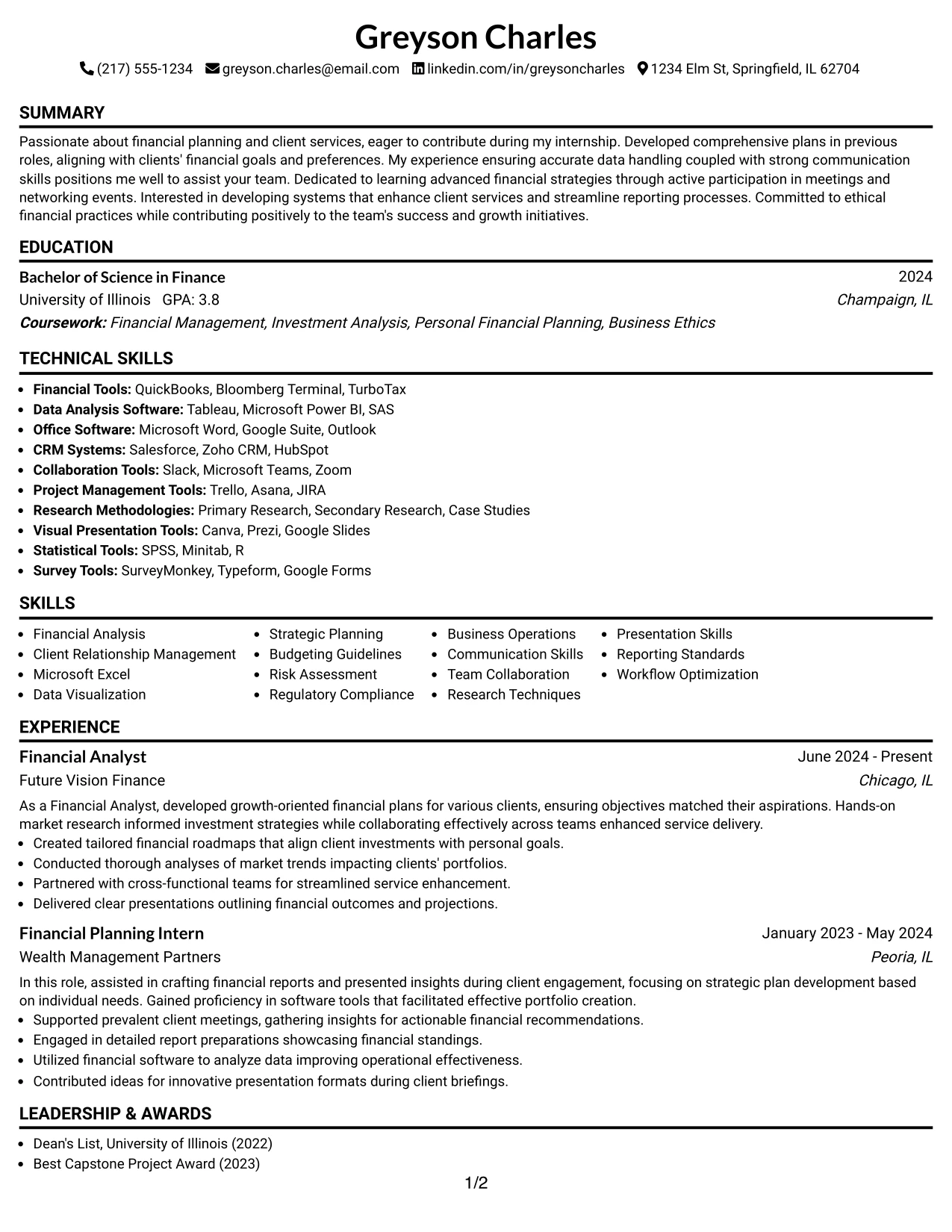 Resume Example Page 1