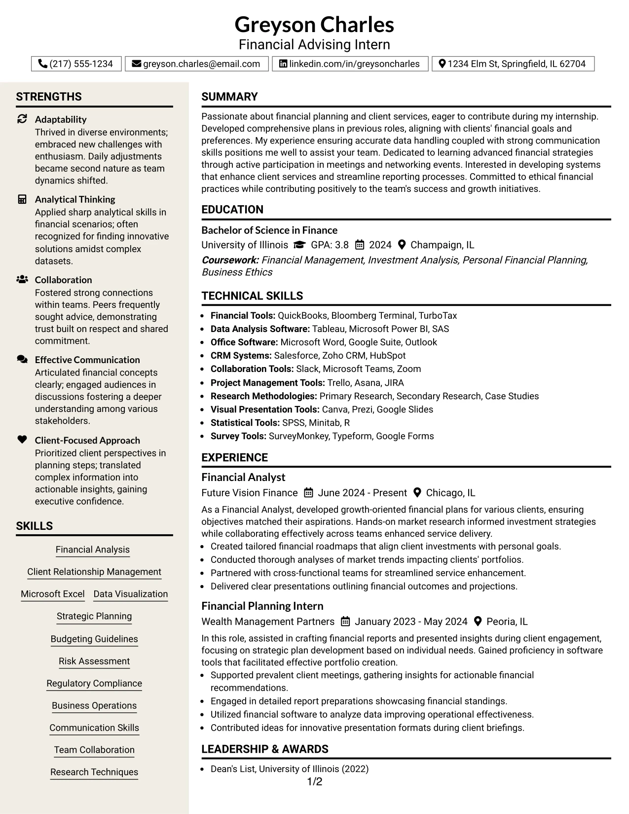Resume Example Page 1