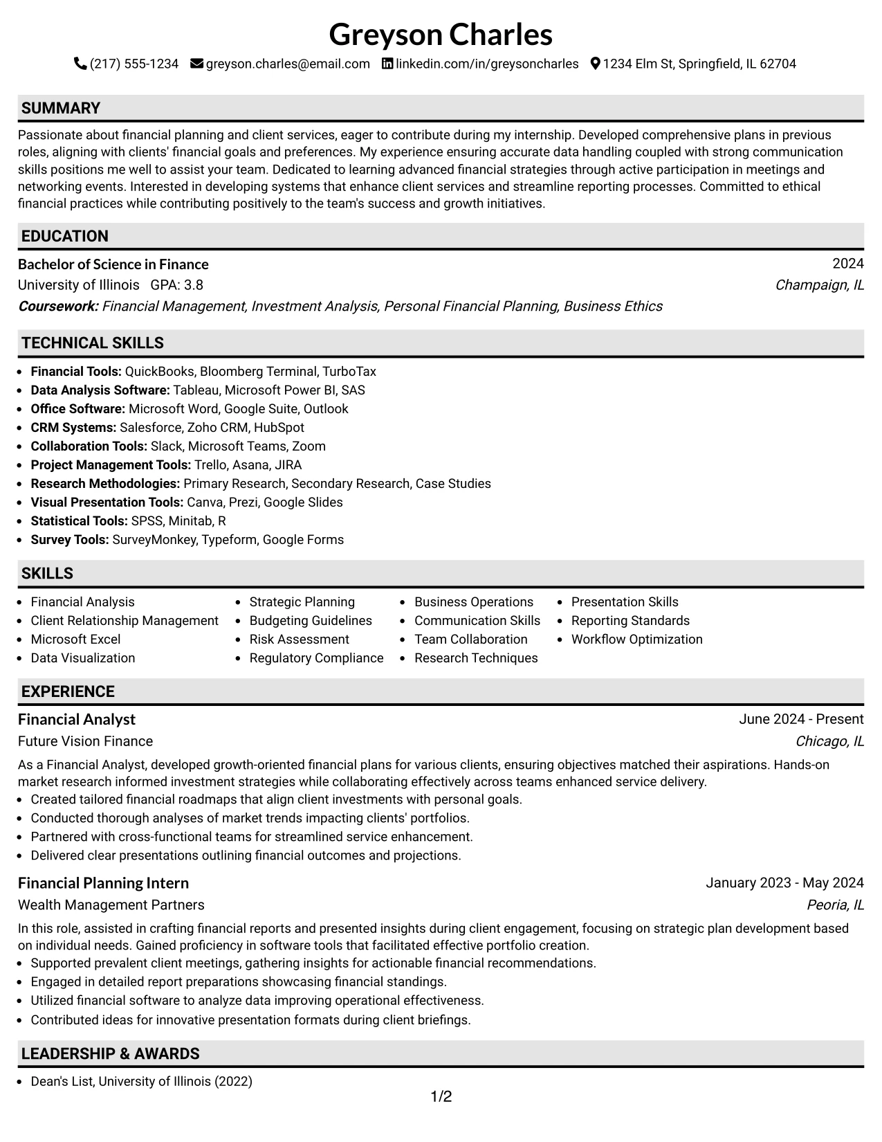 Resume Example Page 1
