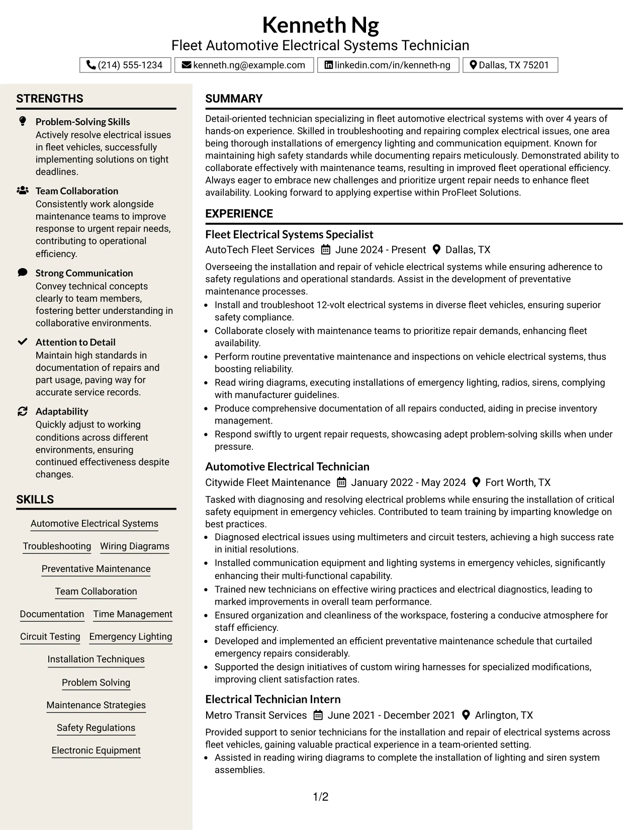 Resume Example Page 1