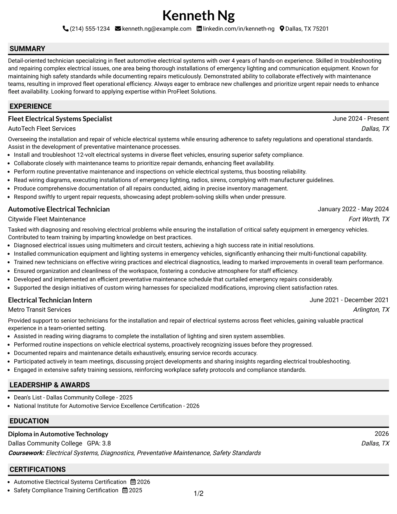 Resume Example Page 1
