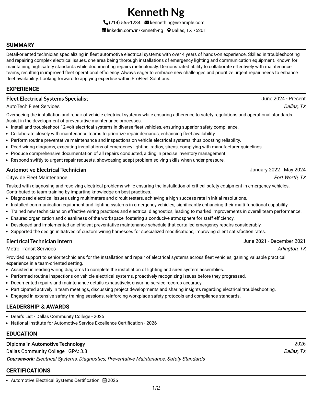 Resume Example Page 1