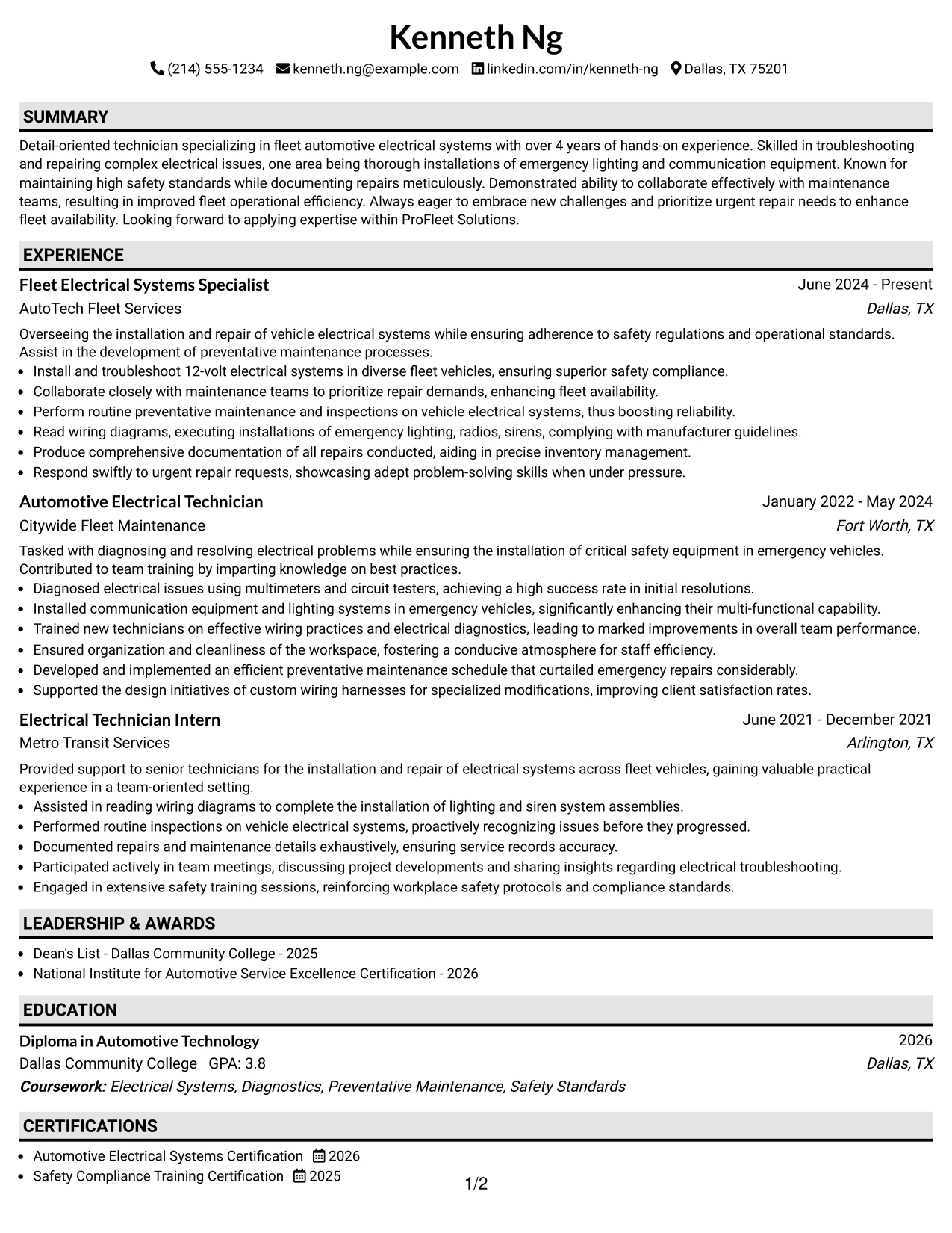 Resume Example Page 1
