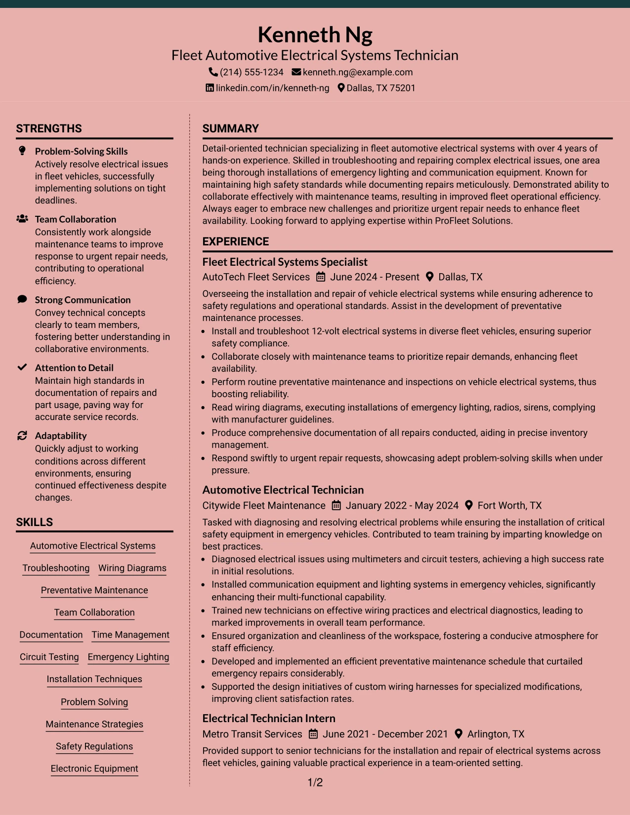 Resume Example Page 1