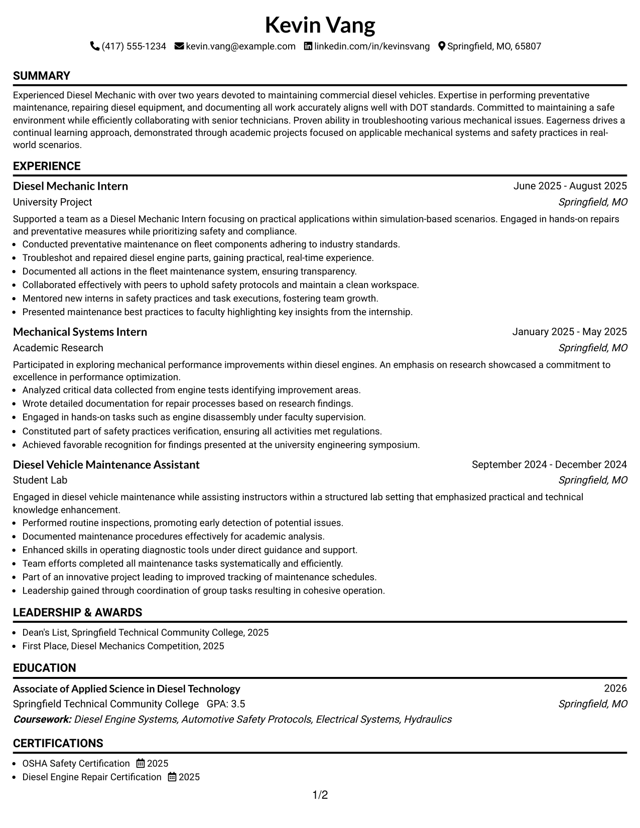 Resume Example Page 1