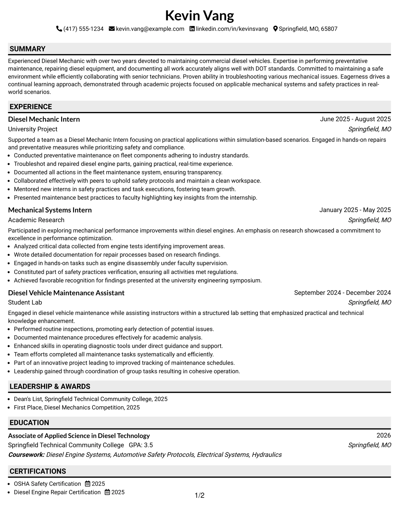 Resume Example Page 1